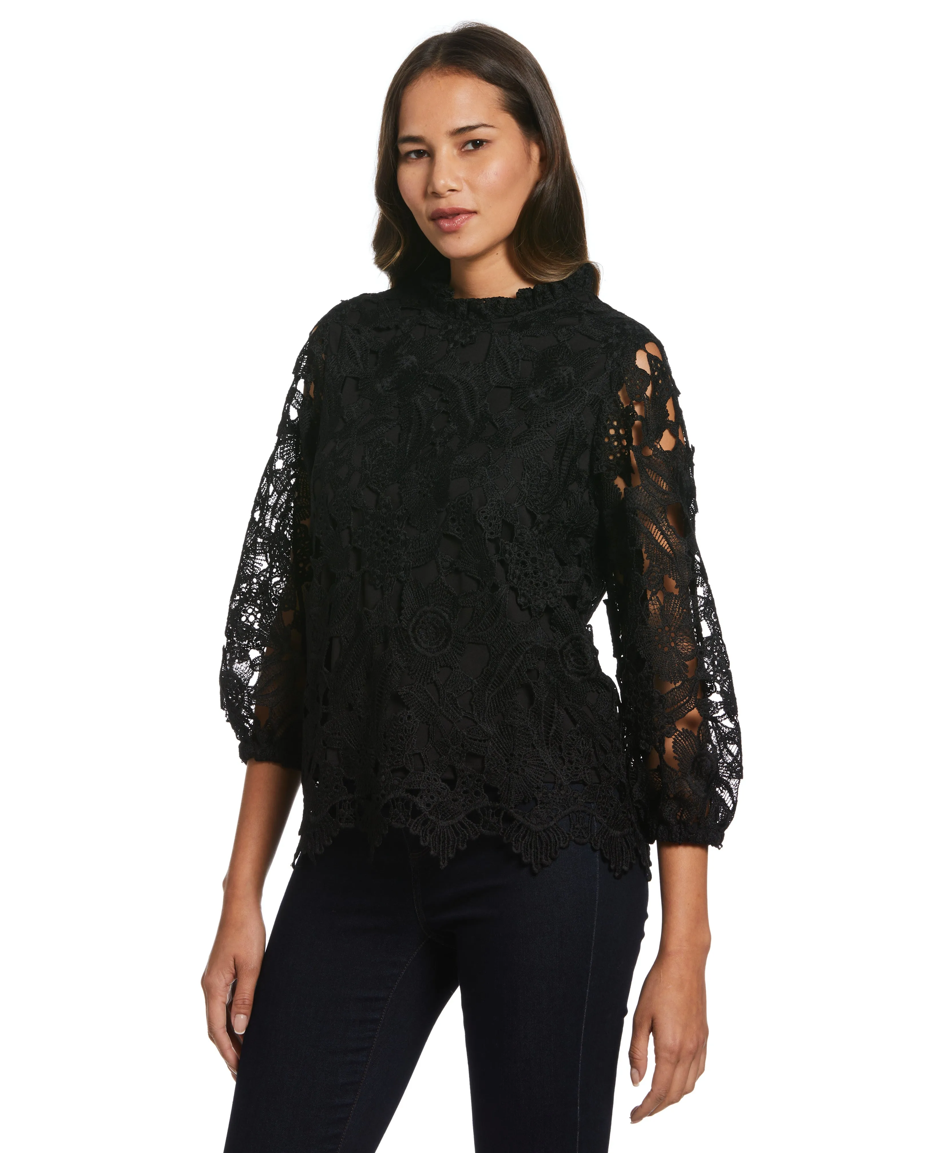 Soft Blended Fabric Textured Weave 3/4 Sleeve Lace Top
