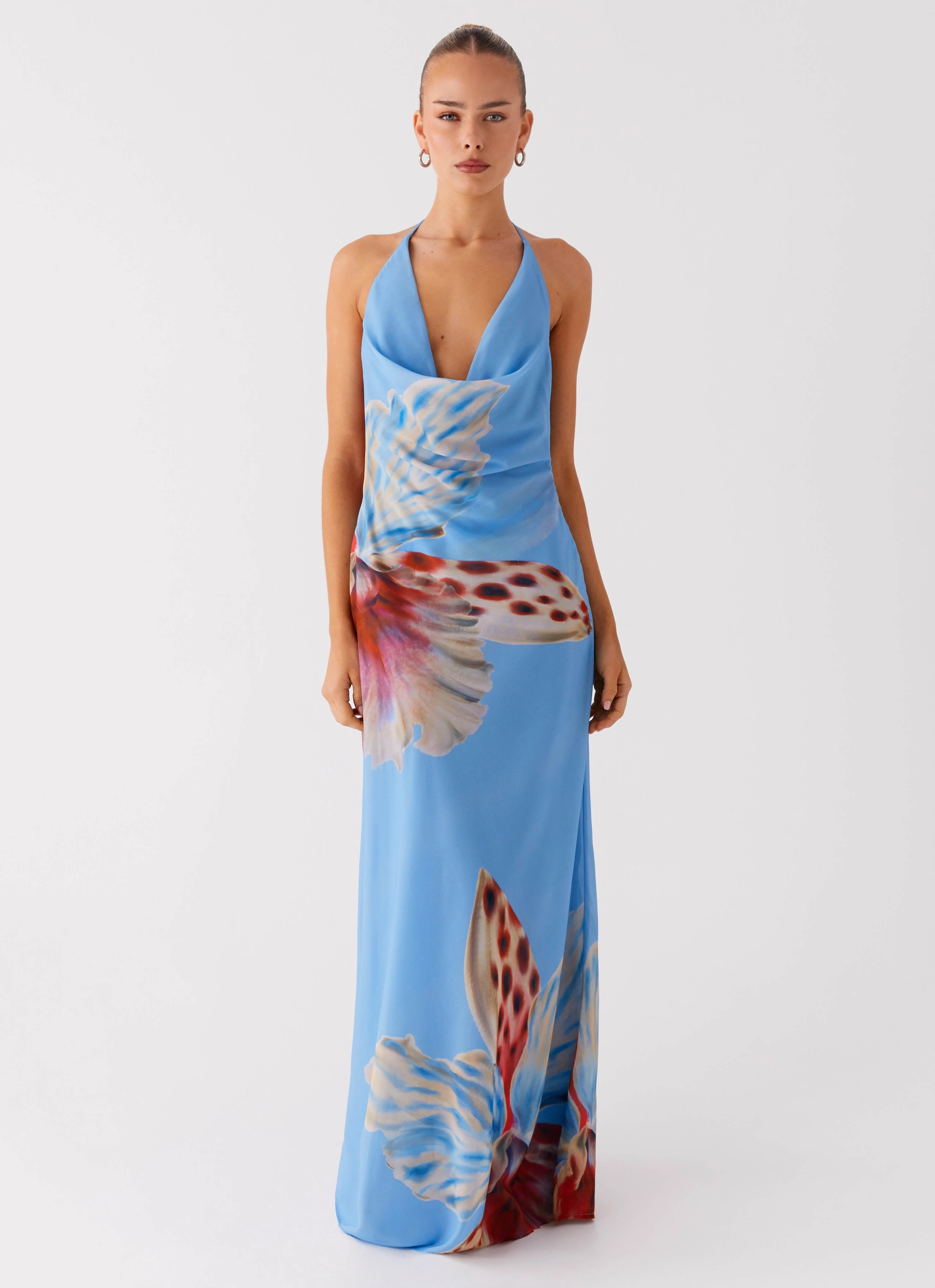 High low hem Side-Slit Stars Align Cowl Maxi Dress - Deep Sea Bloom