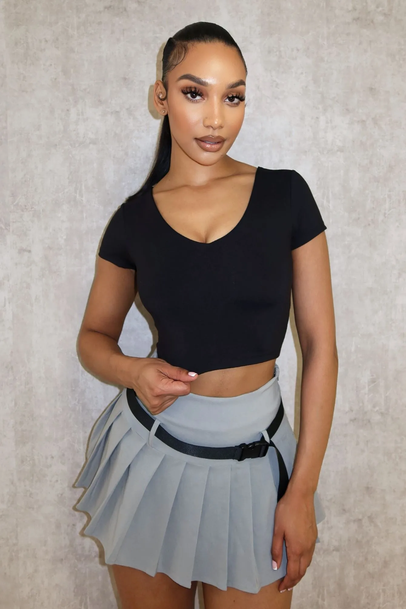 About It V Neck Short Sleeve Crop Top Durable Reinforced Elbows Ribbed Knit Fabric