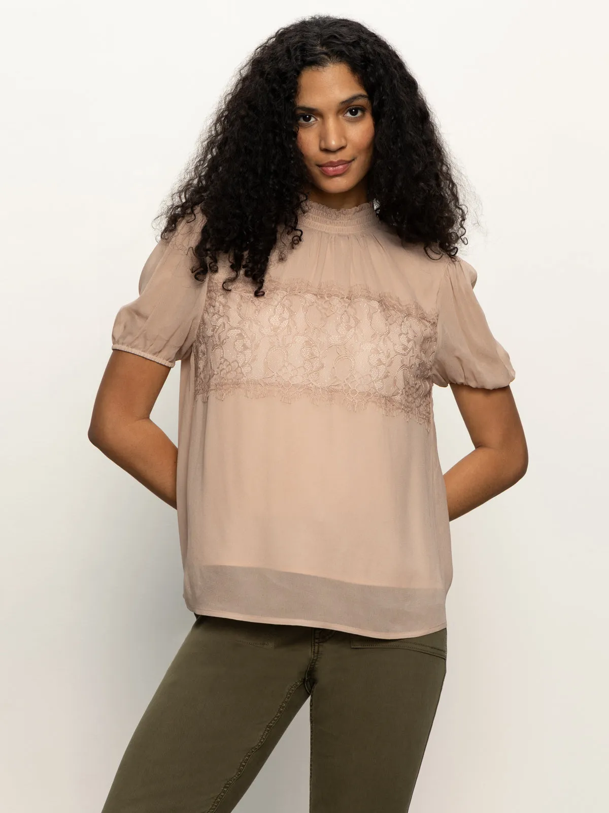 Circular Knit Technique AllPurposeWear Sweet Romance Lace Top Fawn