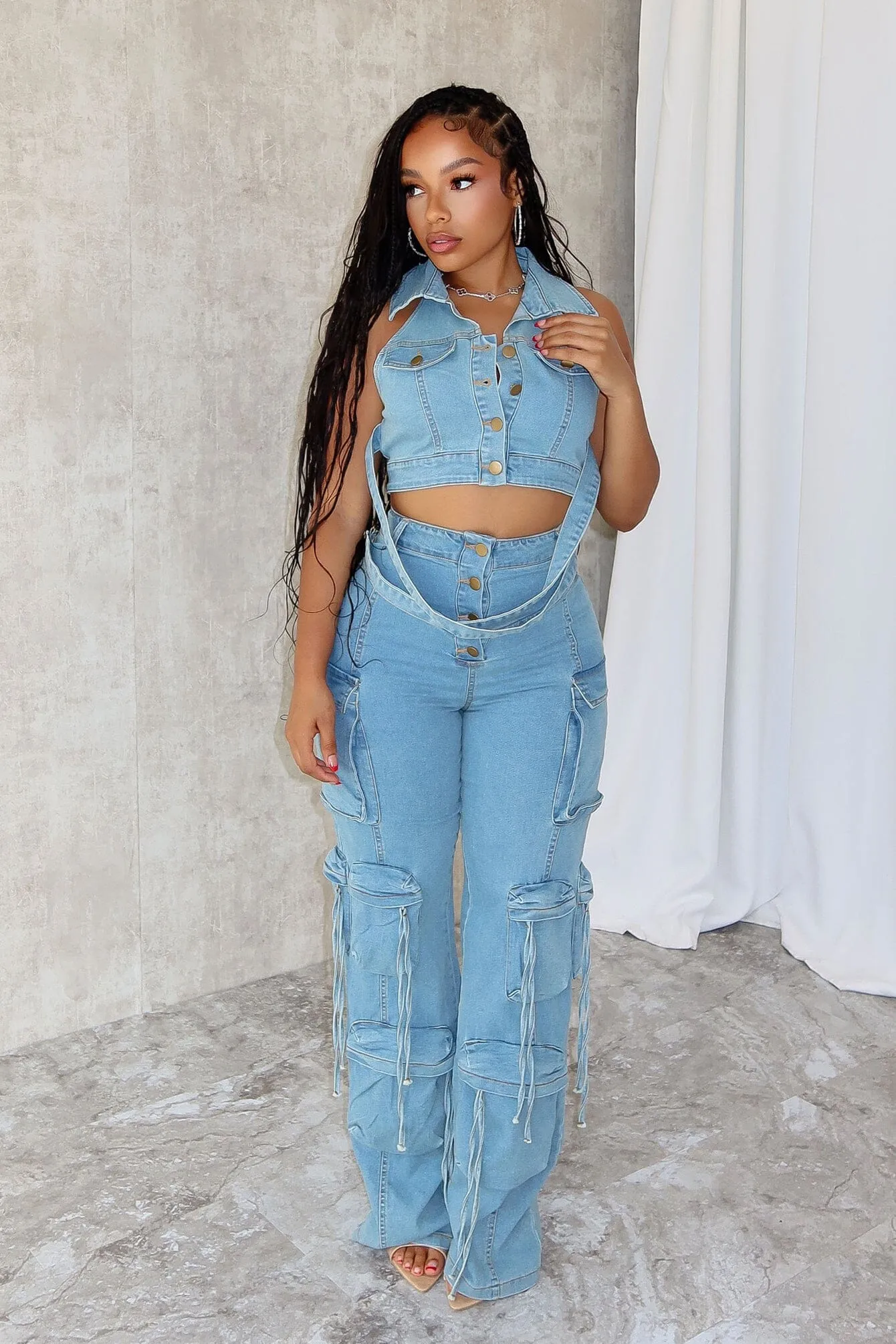 Get Goin Denim Cross Straps Vest & Pants SET Formal Look