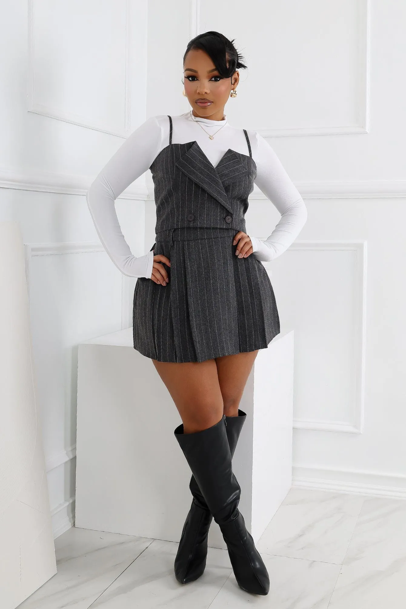 Kamali Pin Stripe Woven Tailored Mini Skirt Softened Hem Layered Panel Design