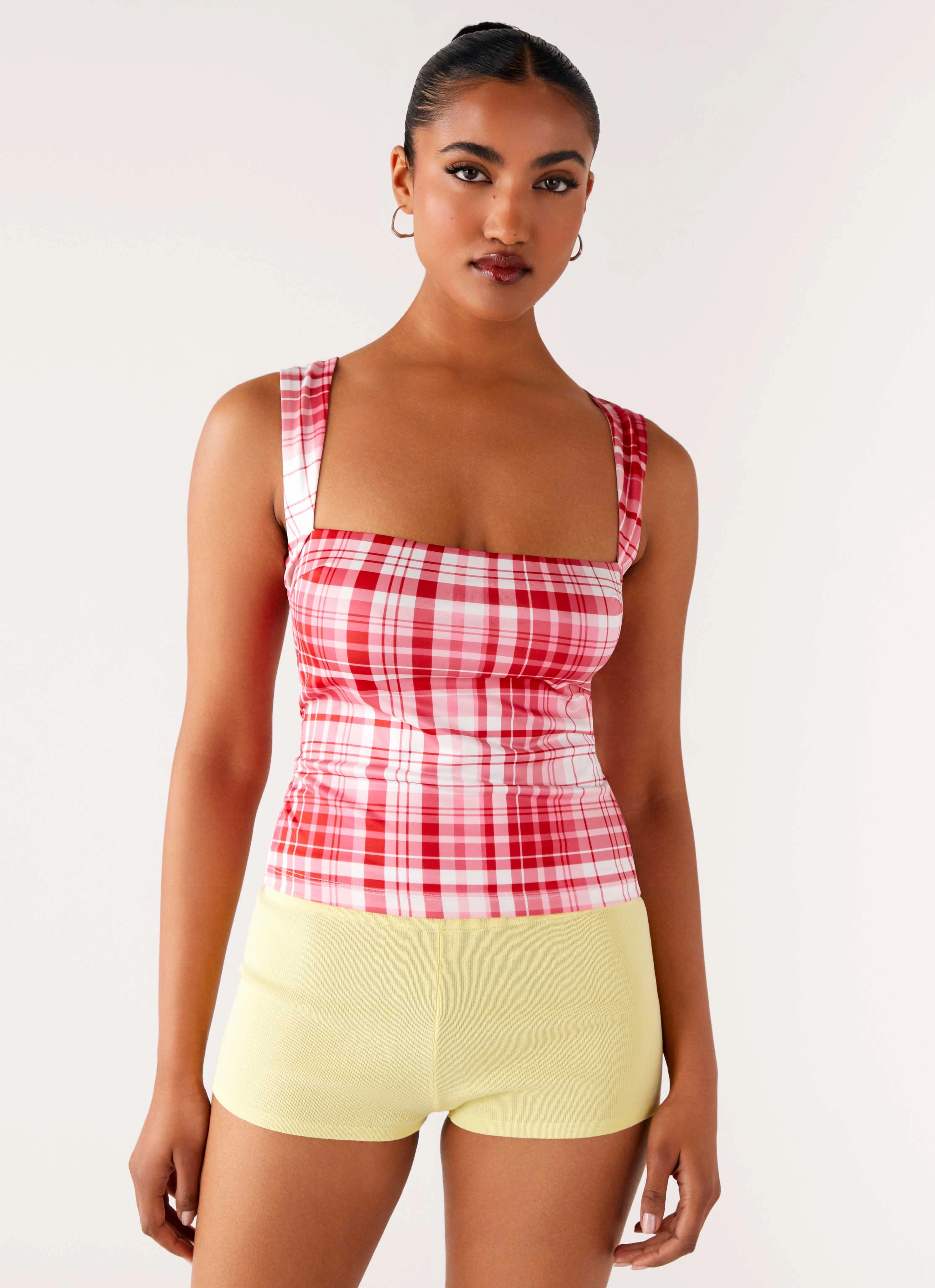 Compact Weave Fabric No Drama Strap Top - Pink Check