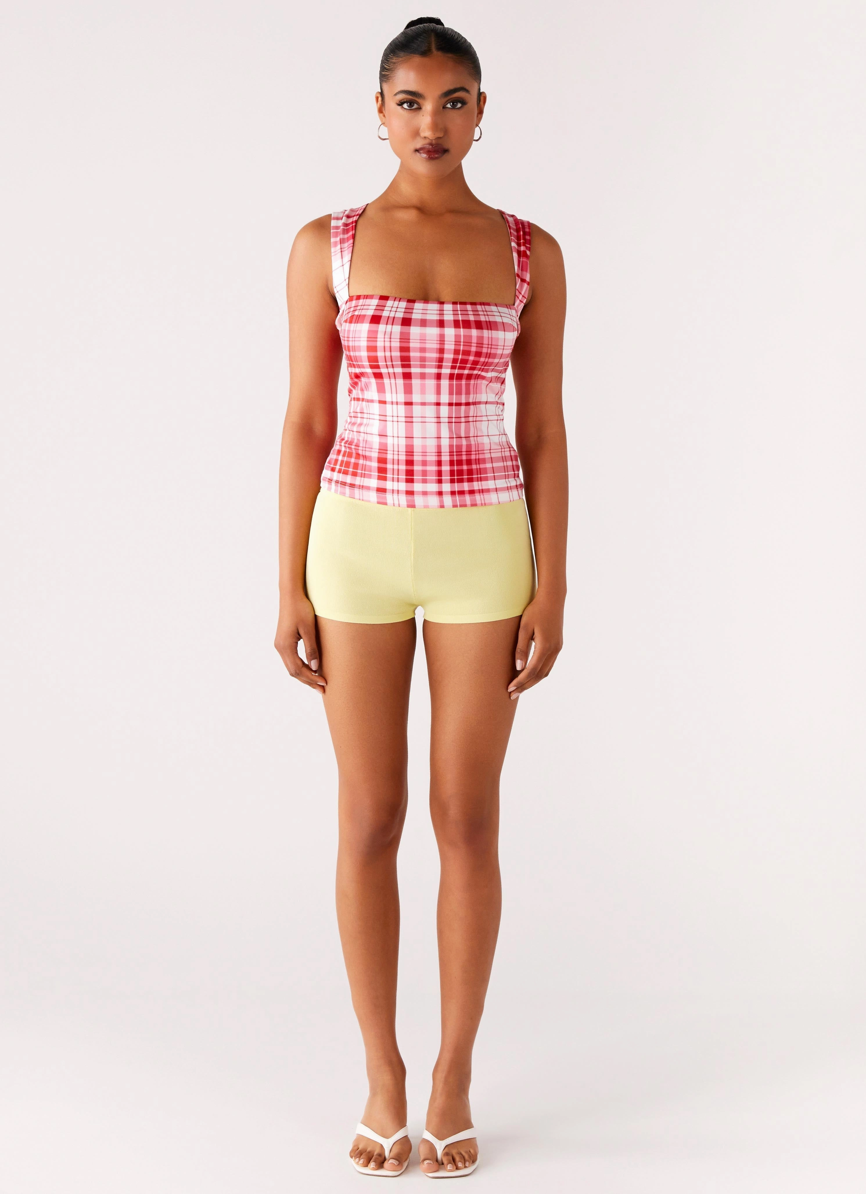 No Drama Strap Top - Pink Check Casual Blouse