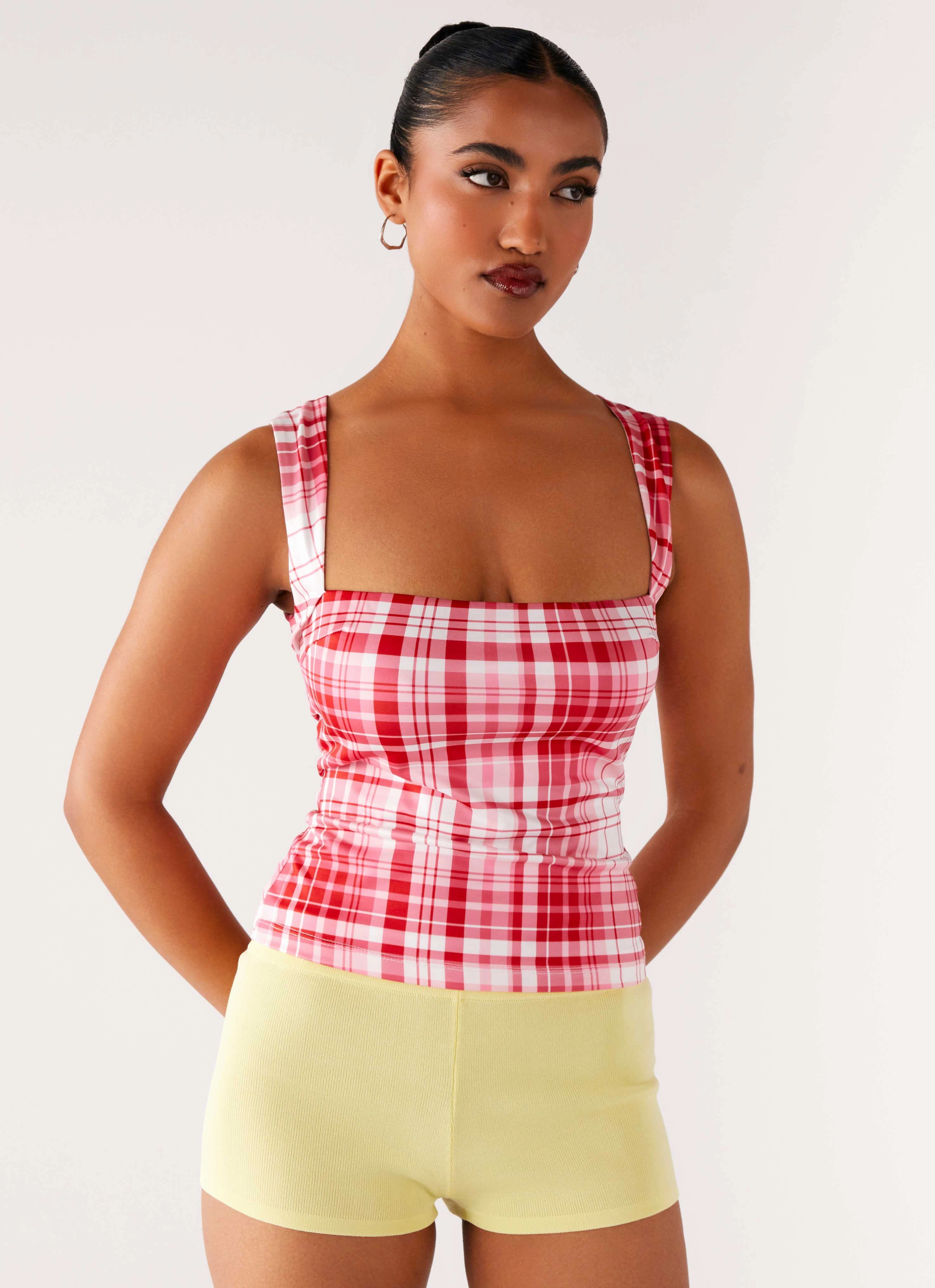 No Drama Strap Top - Pink Check MicroPerforated Details SoftTouchFinish