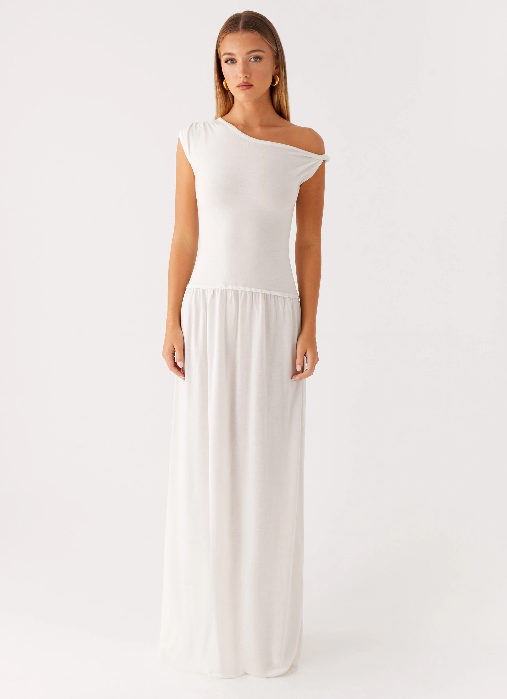 Effortless Comfort button detail Ardella One Shoulder Maxi Dress - Ivory