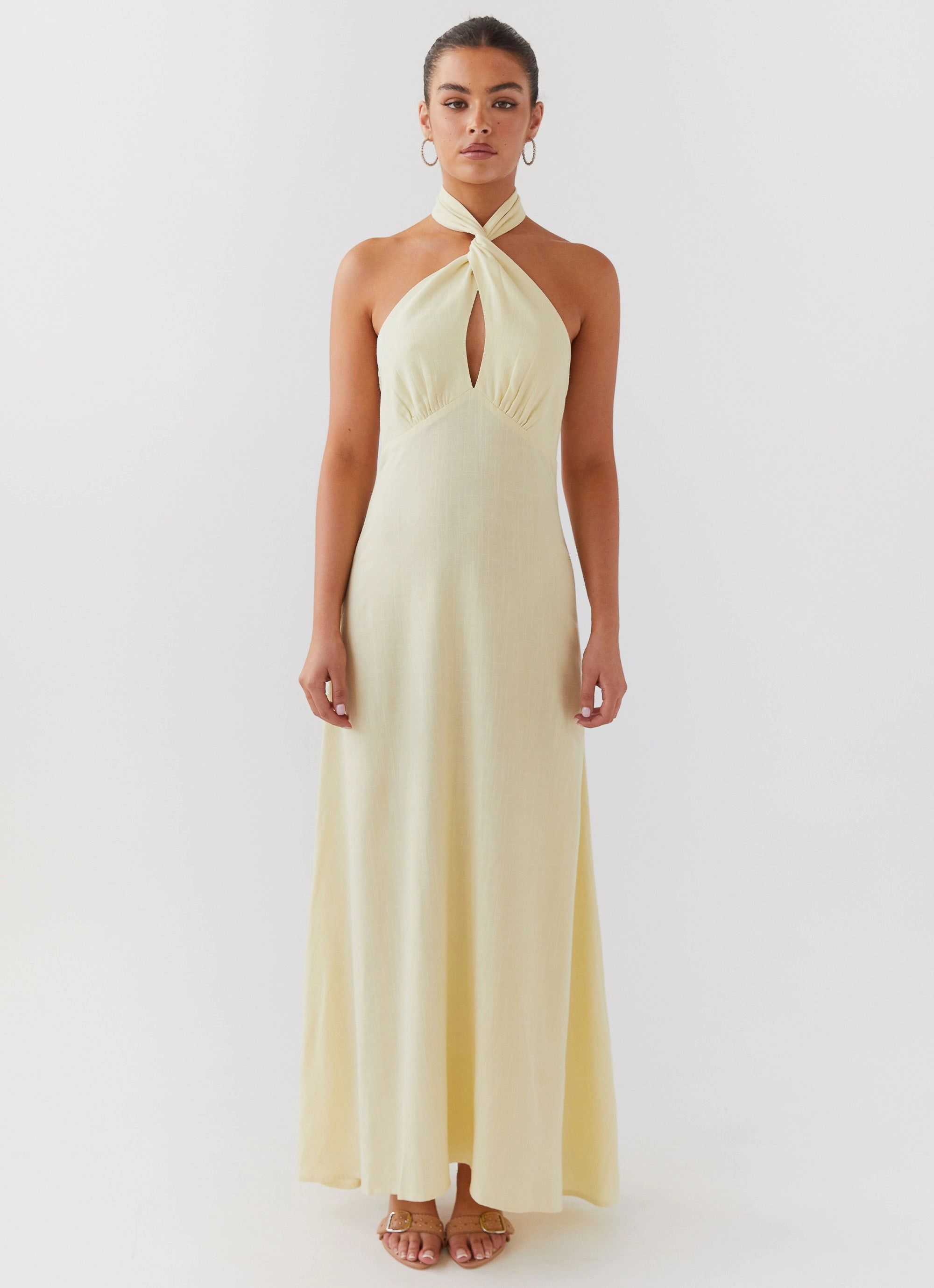 Adrienne Linen Maxi Dress - Lemon Pastel Sky Sophisticated Fit