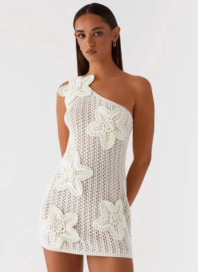 Afterglow One Shoulder Crochet Mini Dress - Ivory Mix Separates Classic Appeal