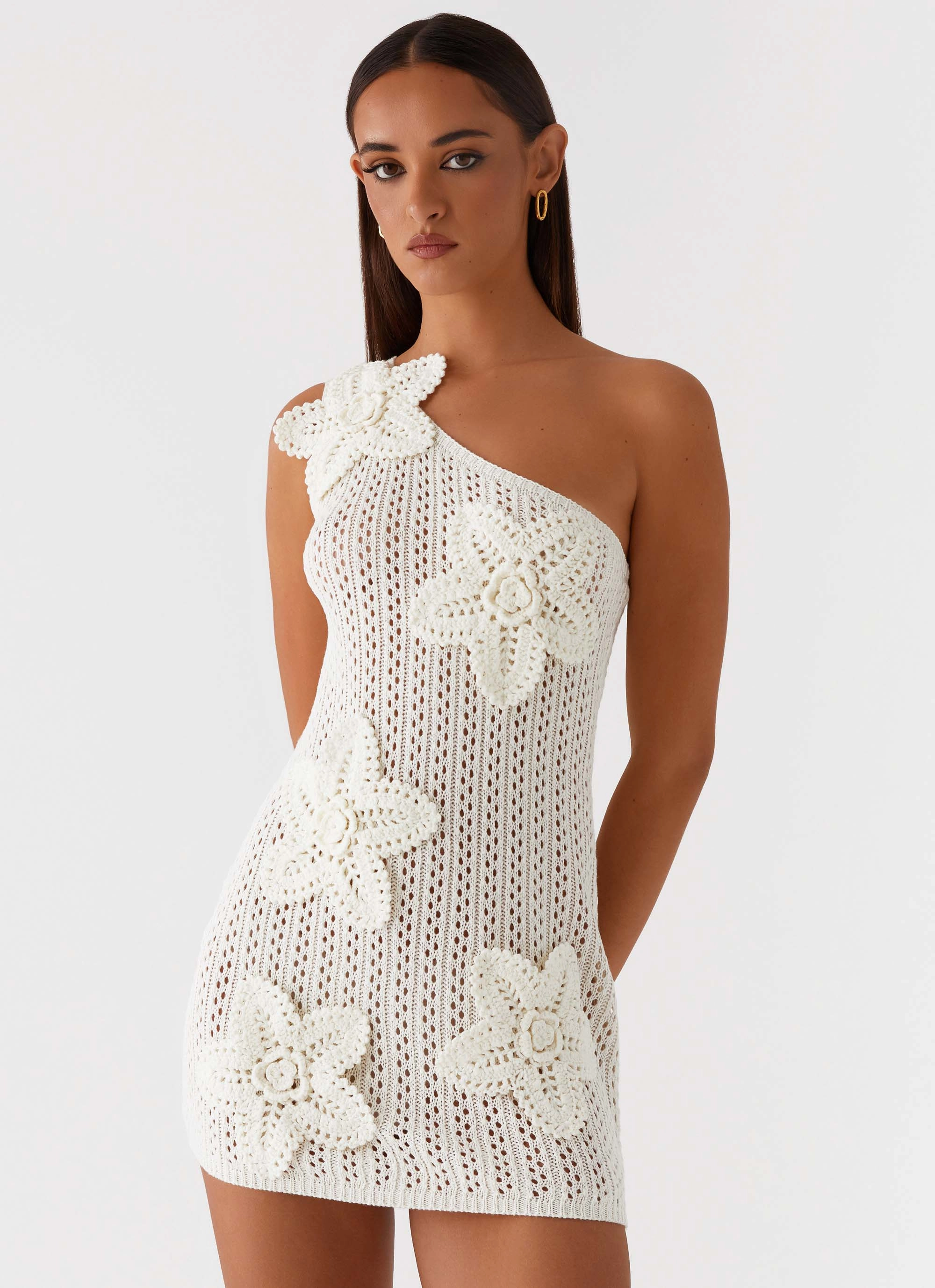 Afterglow One Shoulder Crochet Mini Dress - Ivory Mix Separates Classic Appeal