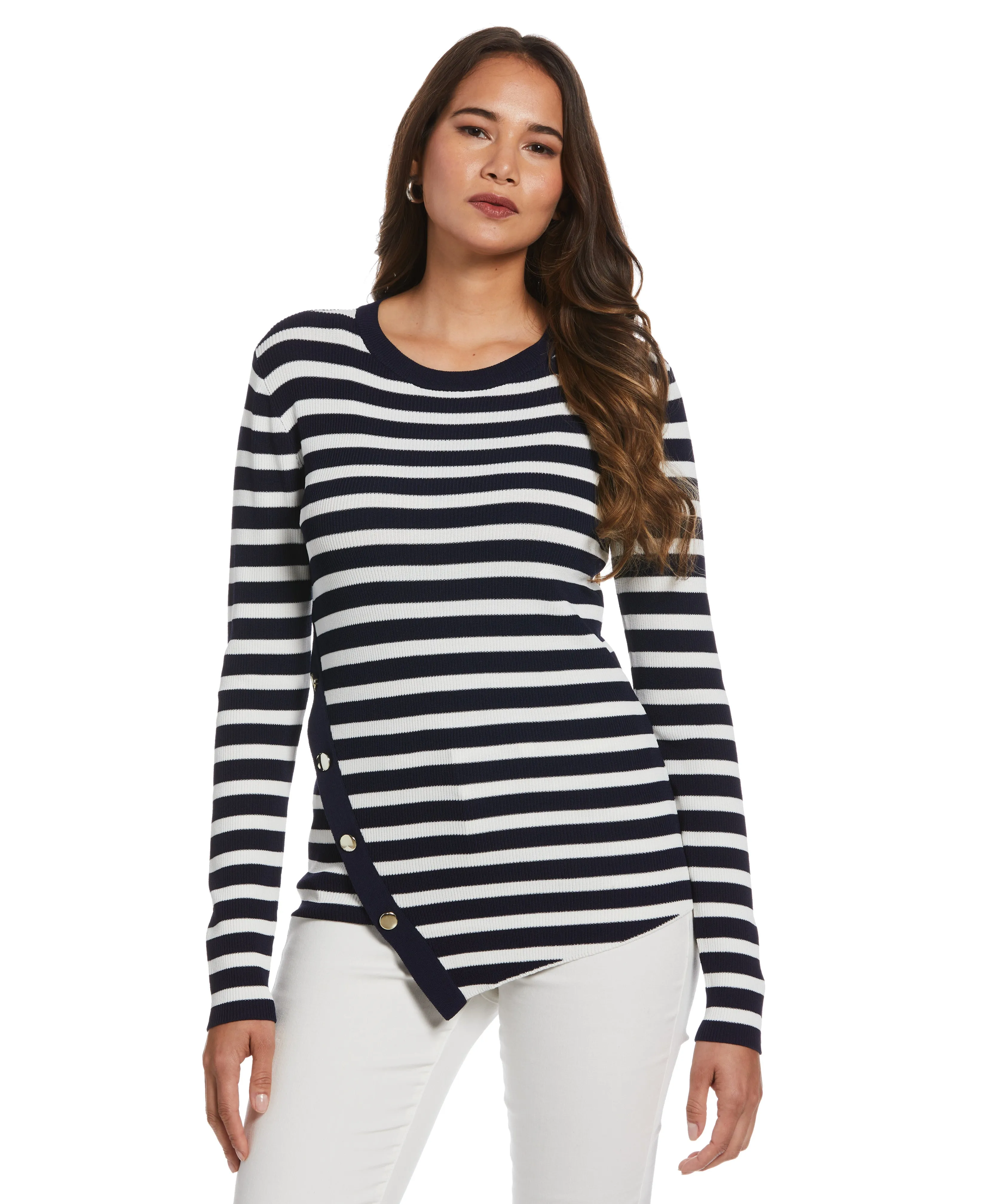 FrenchTerry UVProtection Plus Size Snap Trim Stripe Asymmetrical Sweater
