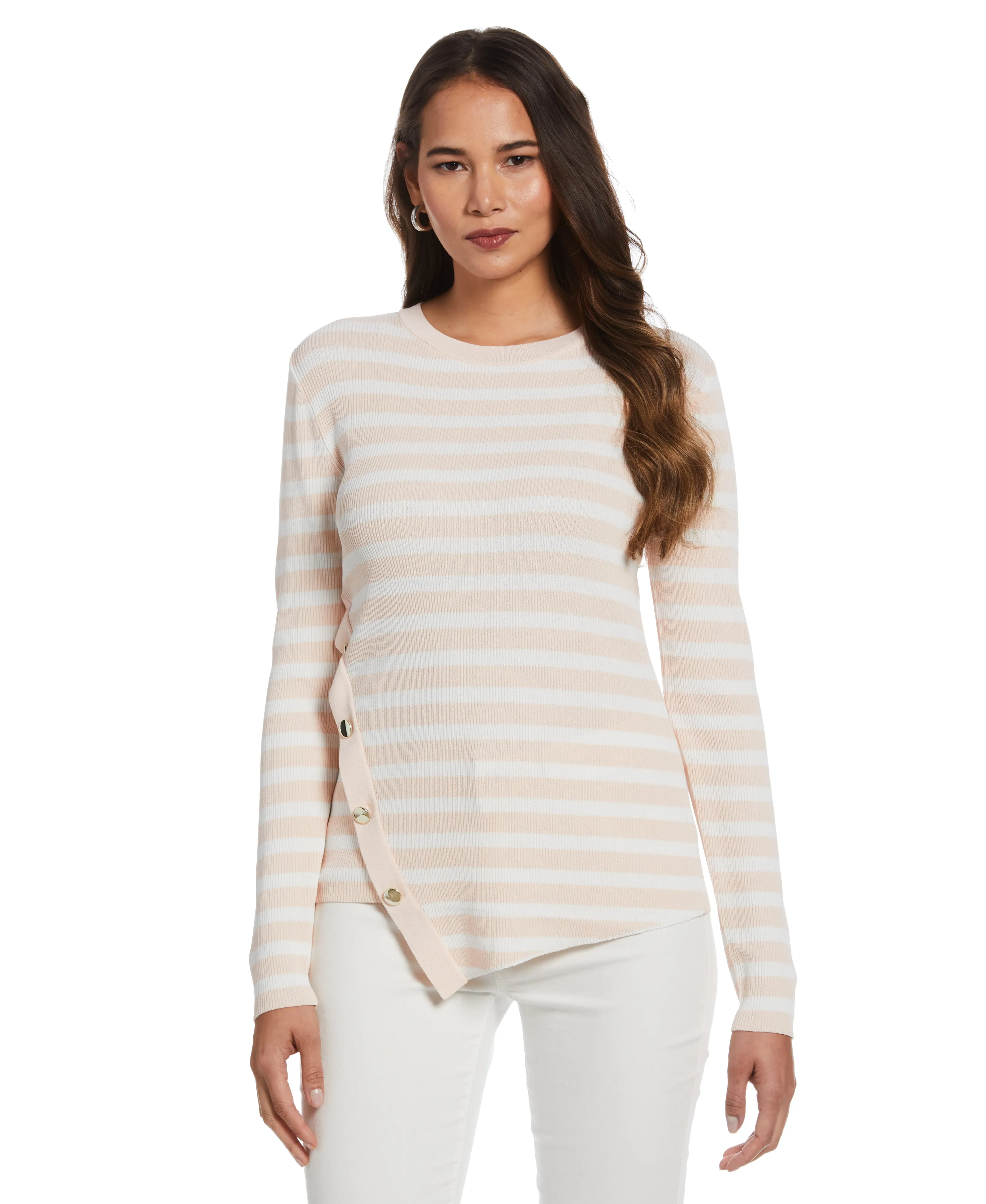 MeshVentilation Reflective Accent Trim Plus Size Snap Trim Stripe Asymmetrical Sweater