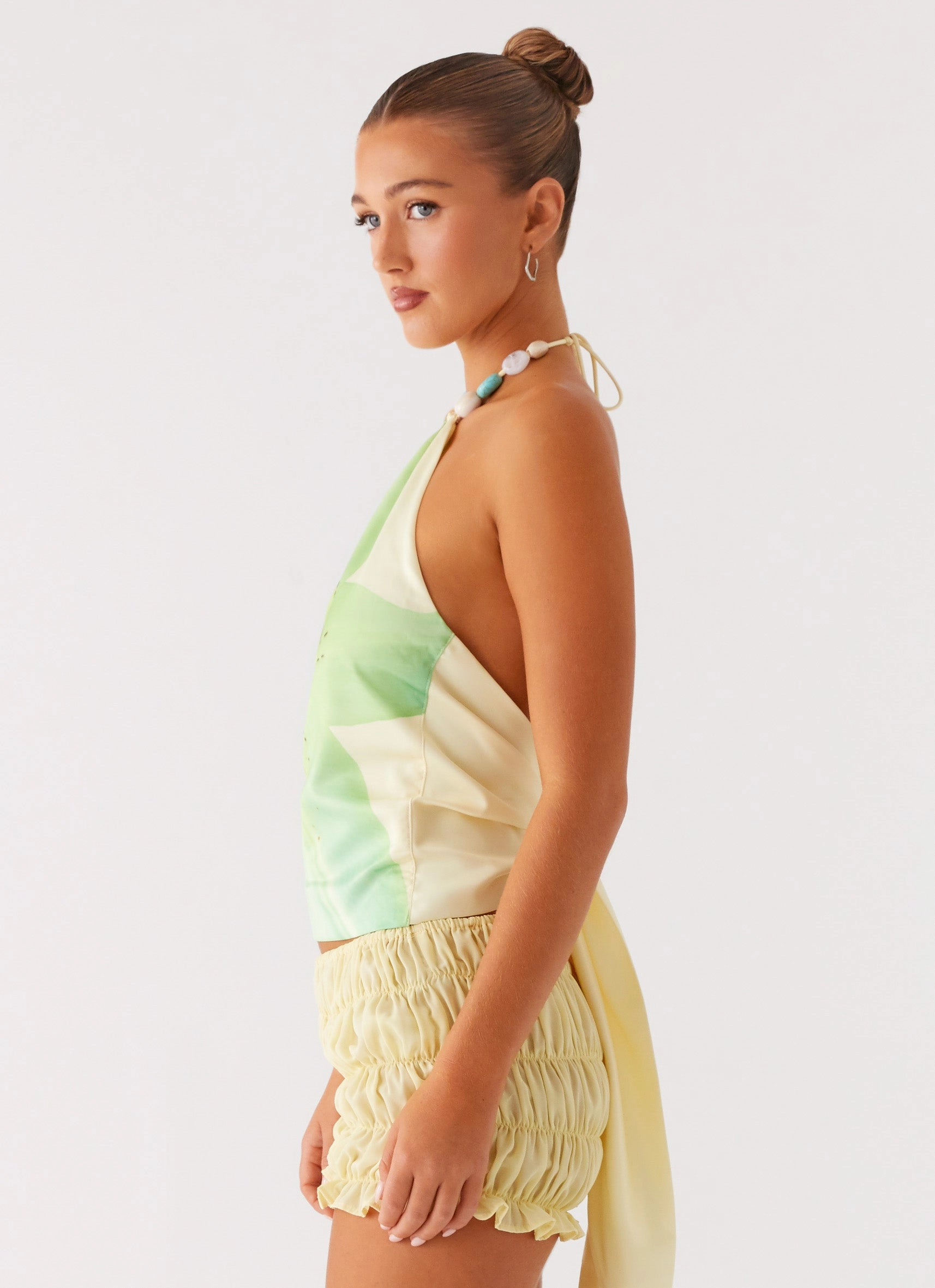 Dalila Beaded Tie Back Top - Yellow Floral ContrastStitching