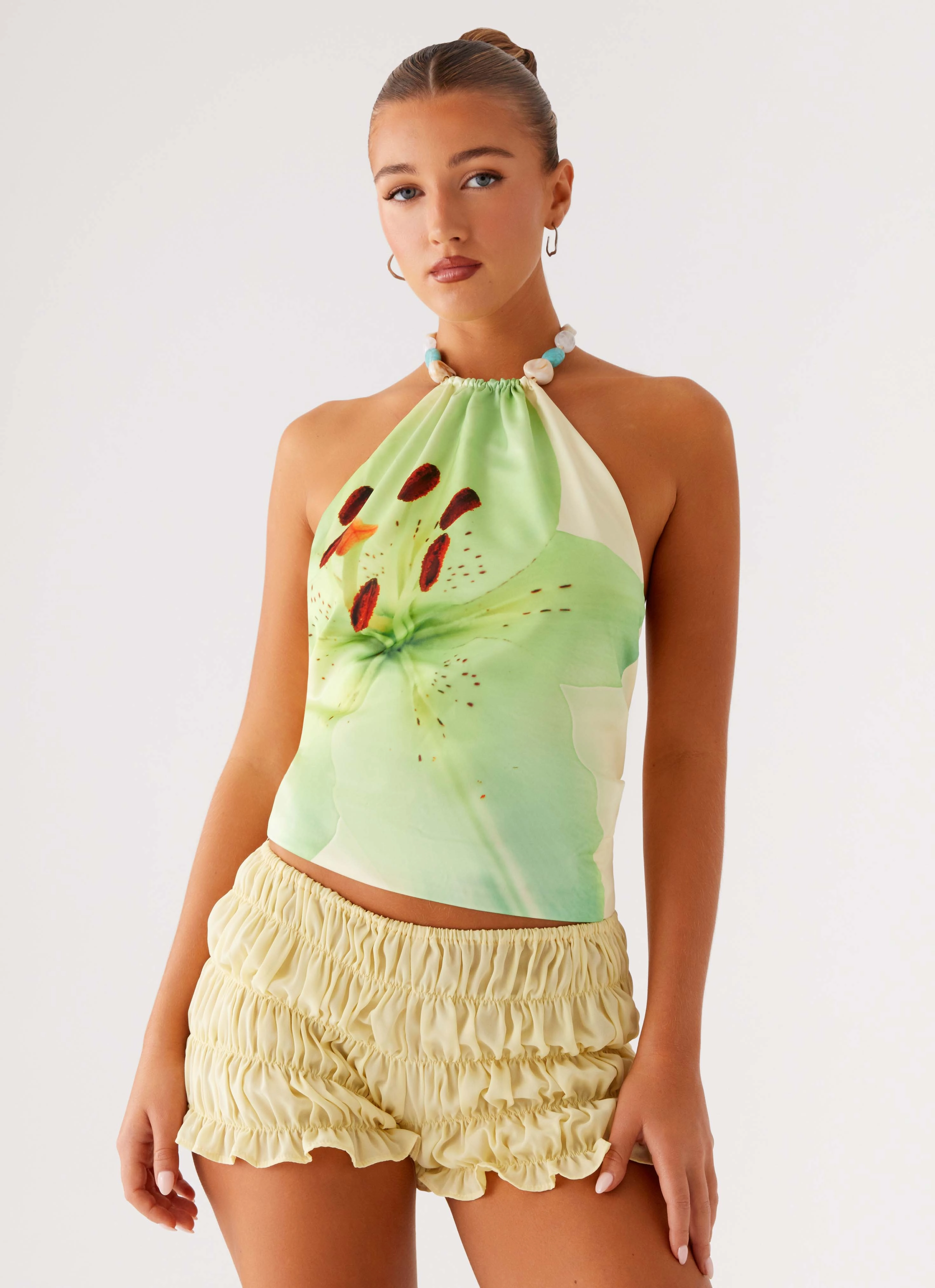 Dalila Beaded Tie Back Top - Yellow Floral Fitted Tank