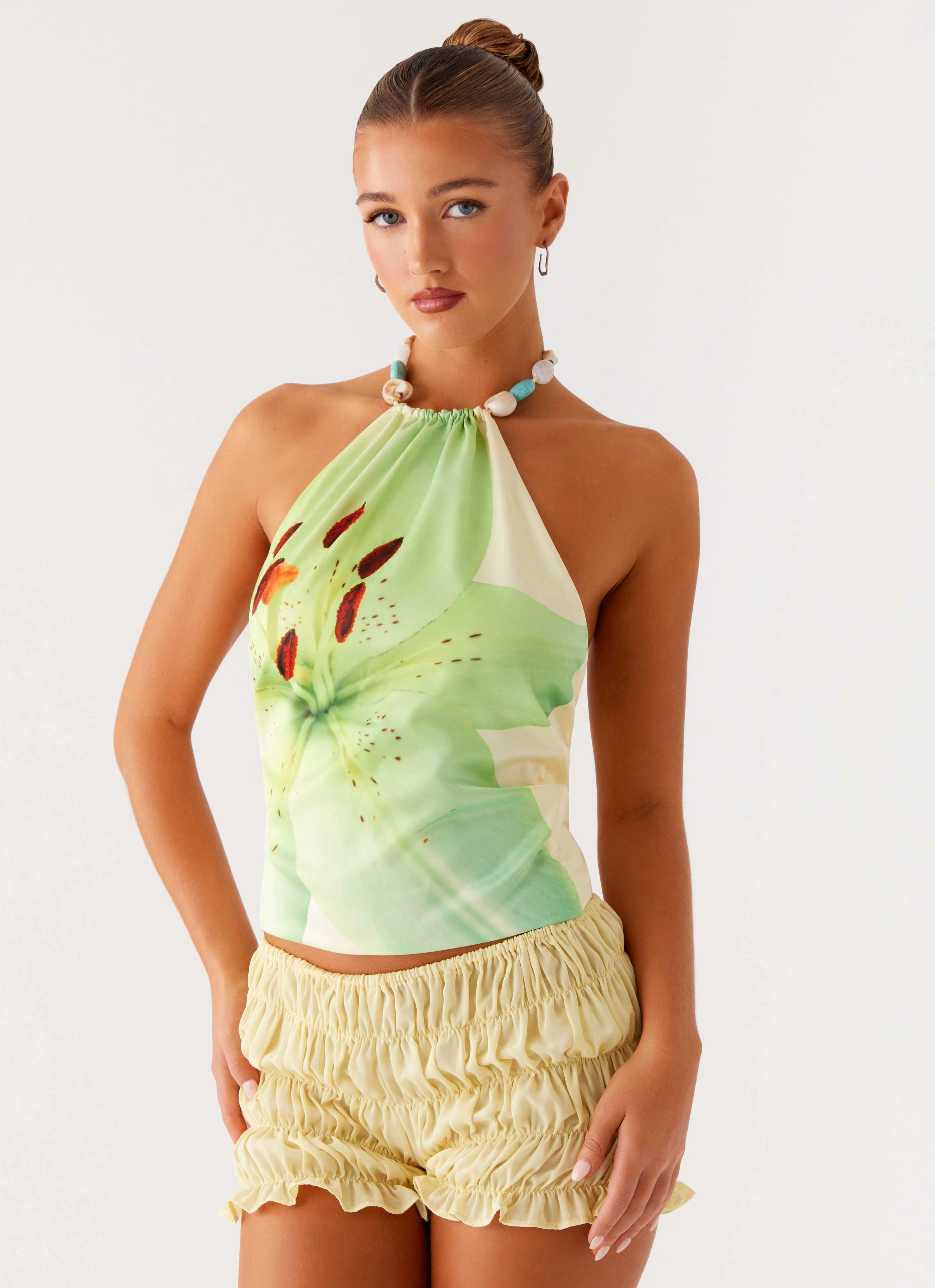 Dalila Beaded Tie Back Top - Yellow Floral ButtonFront