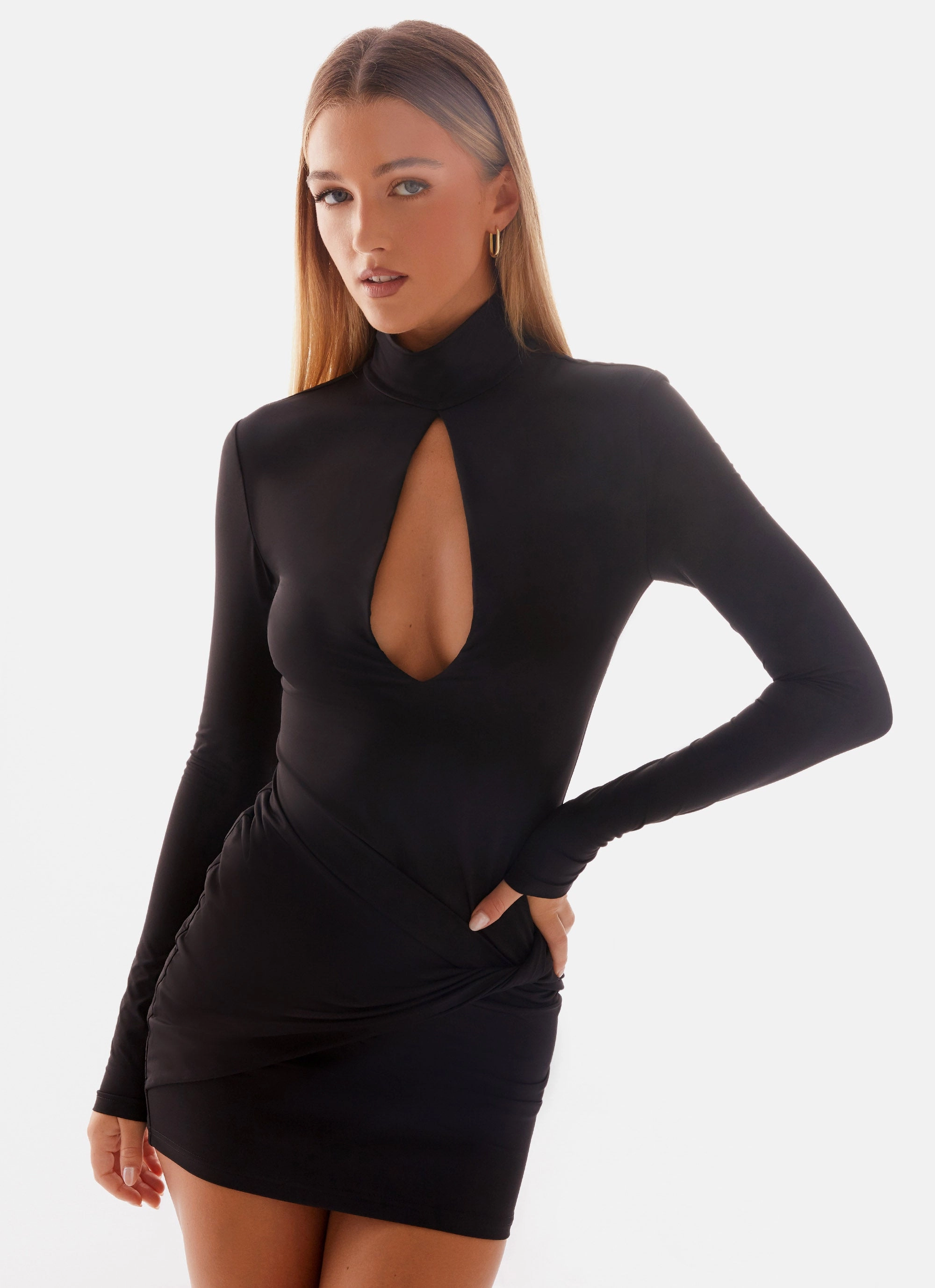 Waist Defining Elegant Feel Airlea Long Sleeve Mini Dress - Black