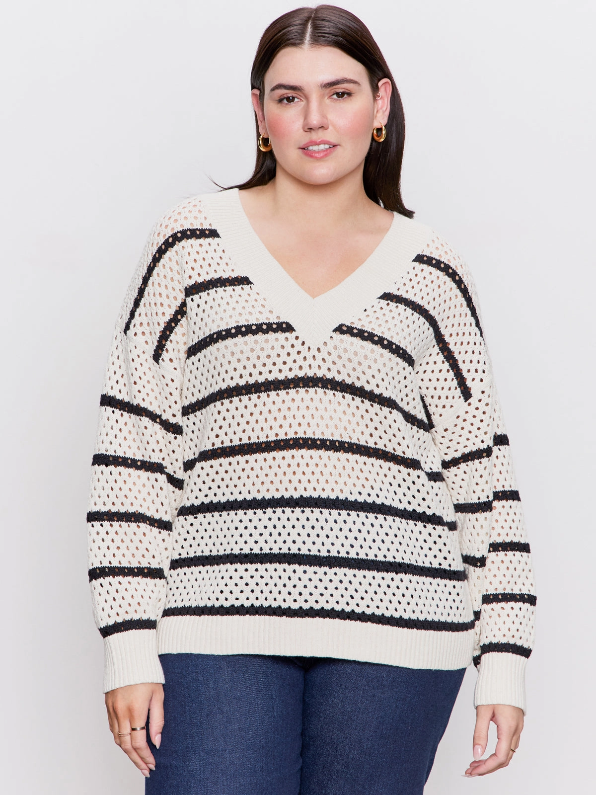 casual top Airy Openwork Sweater Chalk Black Stripe Extended Sizing