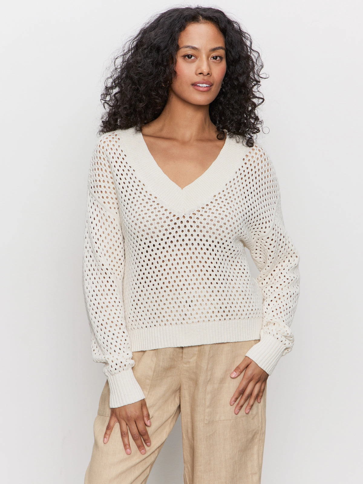 RibbedHemline WrinkleFree Finish Airy Openwork Sweater Macrame