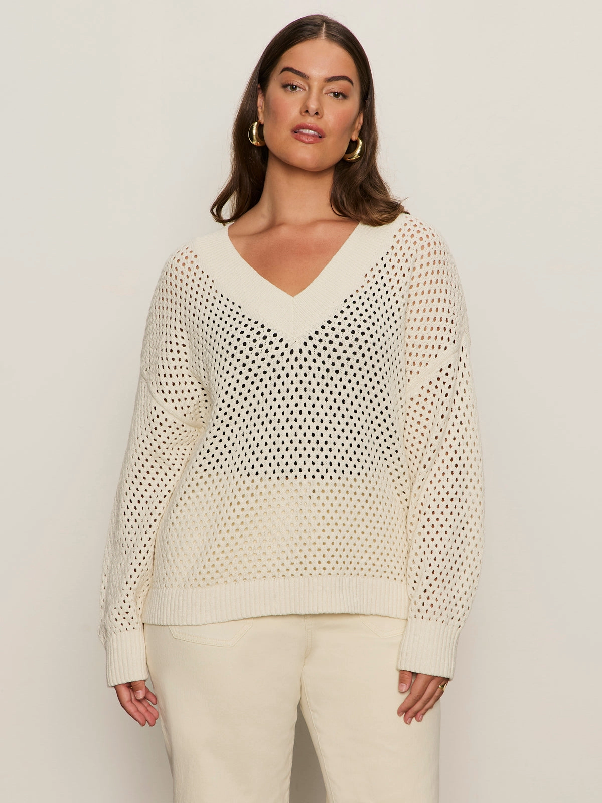 Layered Neckline ContouredPanels Airy Openwork Sweater Macrame Extended Sizing