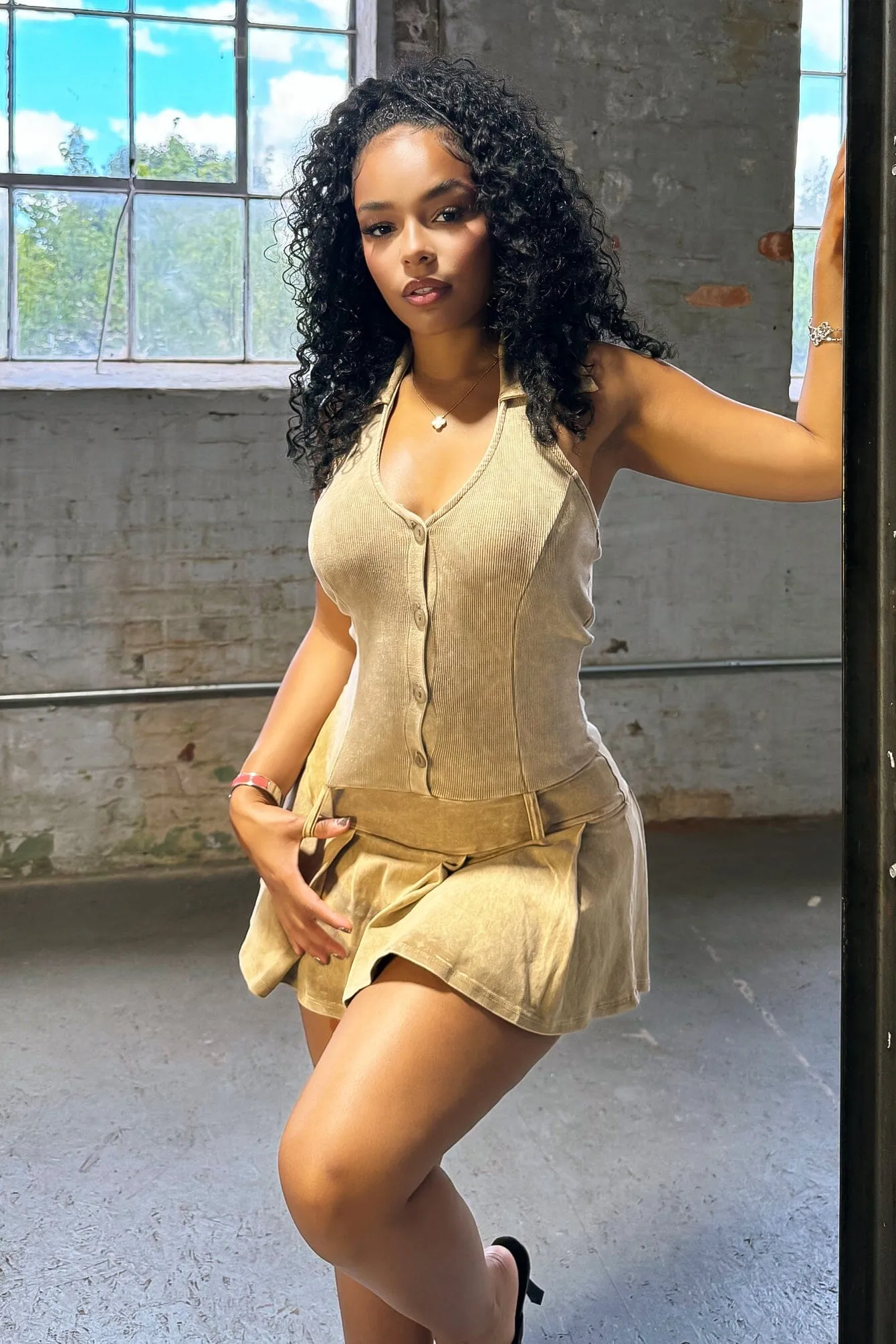 Alana Mineral Washed Halter Pleated Dress Easy Movement