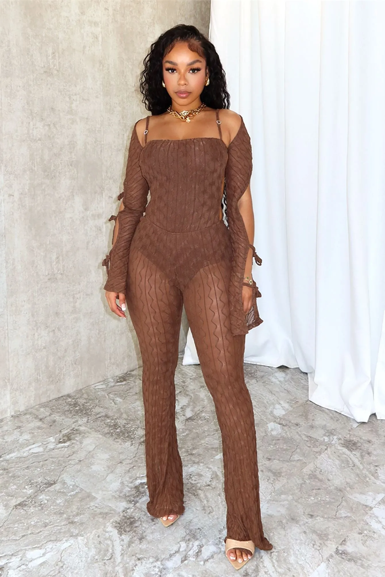 WrinkleFreeFabric ReinforcedStitching Alexi Mesh Textured Jumpsuit With Shrug