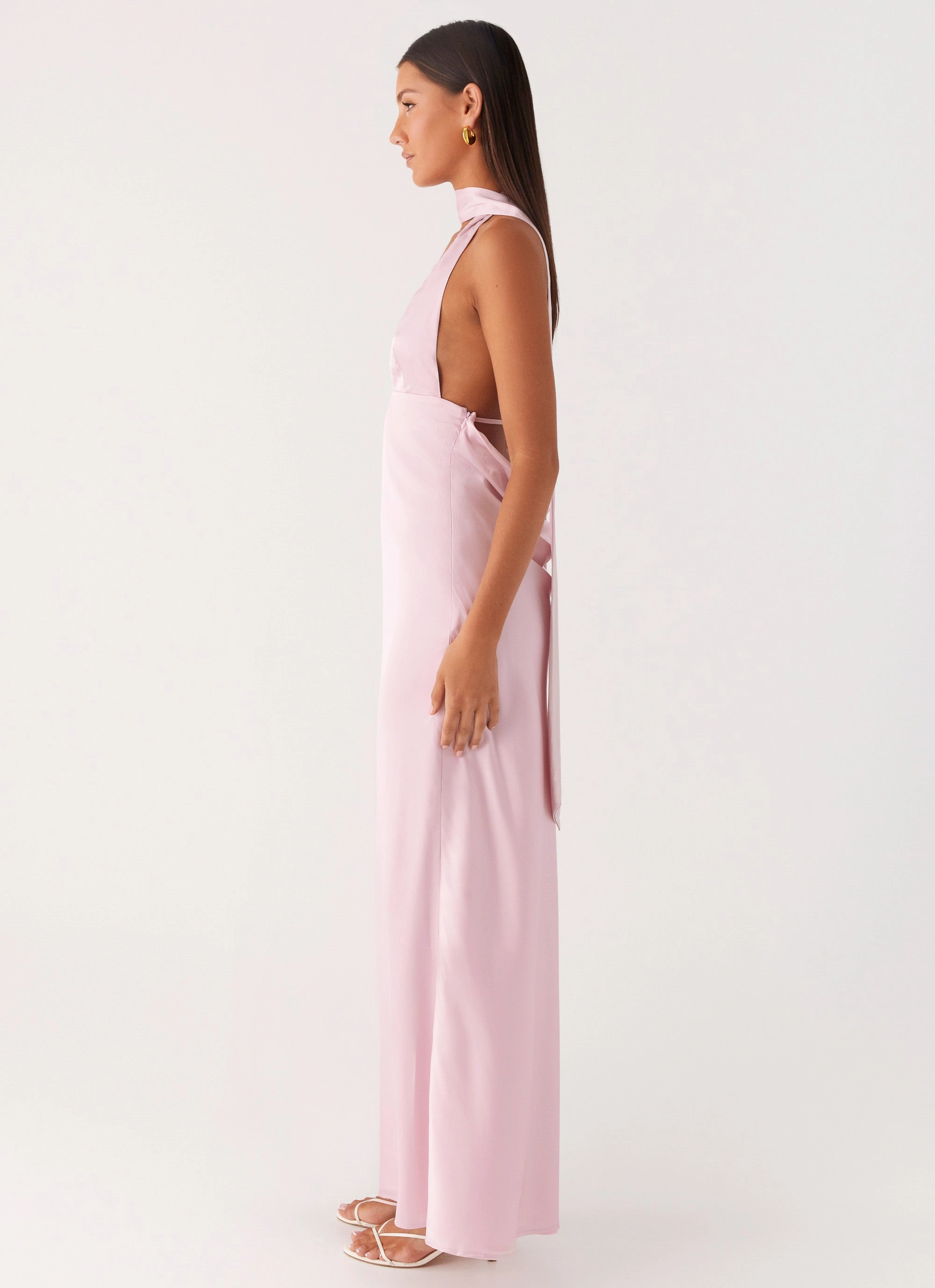Contrast-Panel Alicia Satin Halter Maxi Dress - Baby Pink