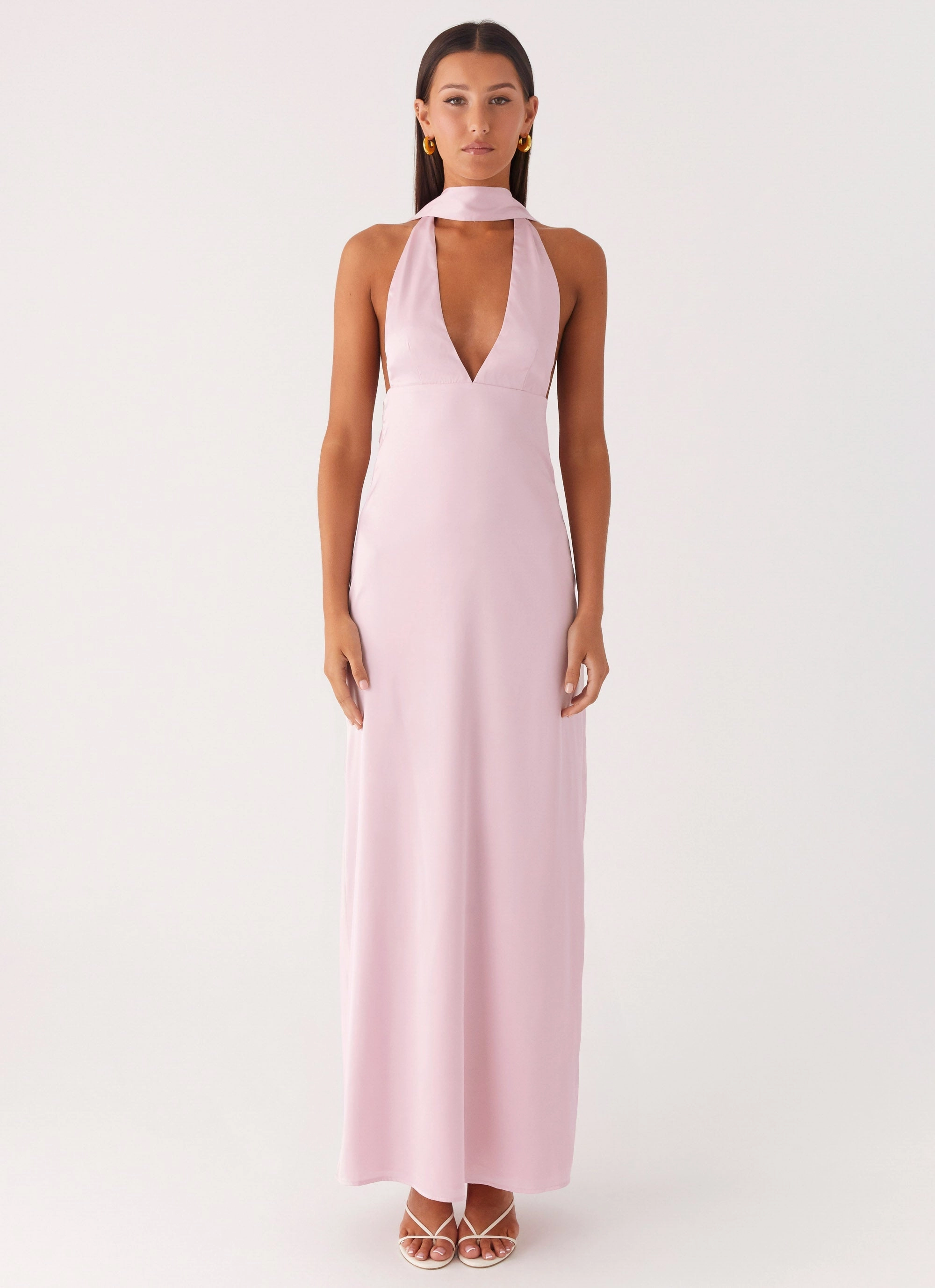 Photo Bright Alicia Satin Halter Maxi Dress - Baby Pink