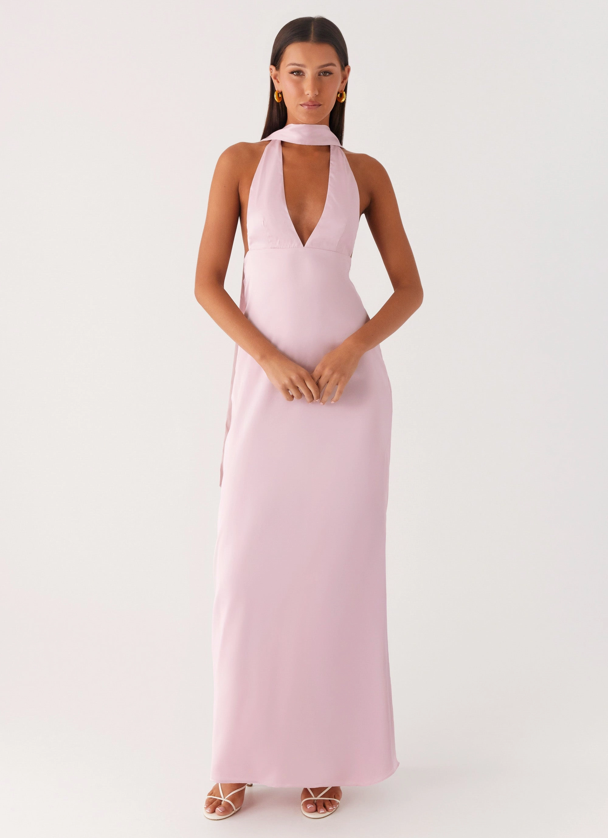 Shine Soft Removable-Straps Alicia Satin Halter Maxi Dress - Baby Pink