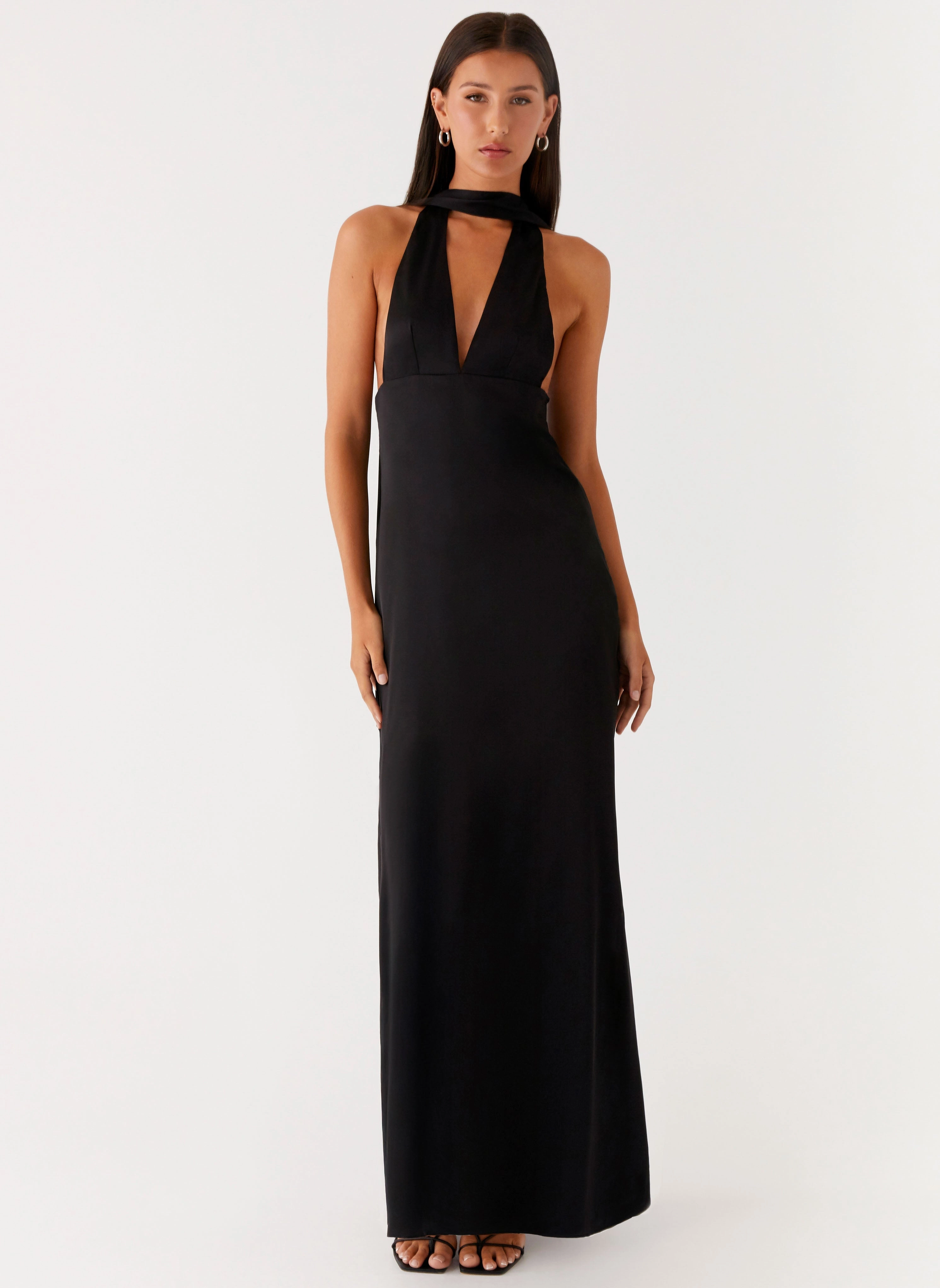 Photo Glow Alicia Satin Halter Maxi Dress - Black