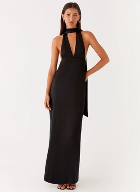 Alicia Satin Halter Maxi Dress - Black Hip-Flattering Timeless Comfort