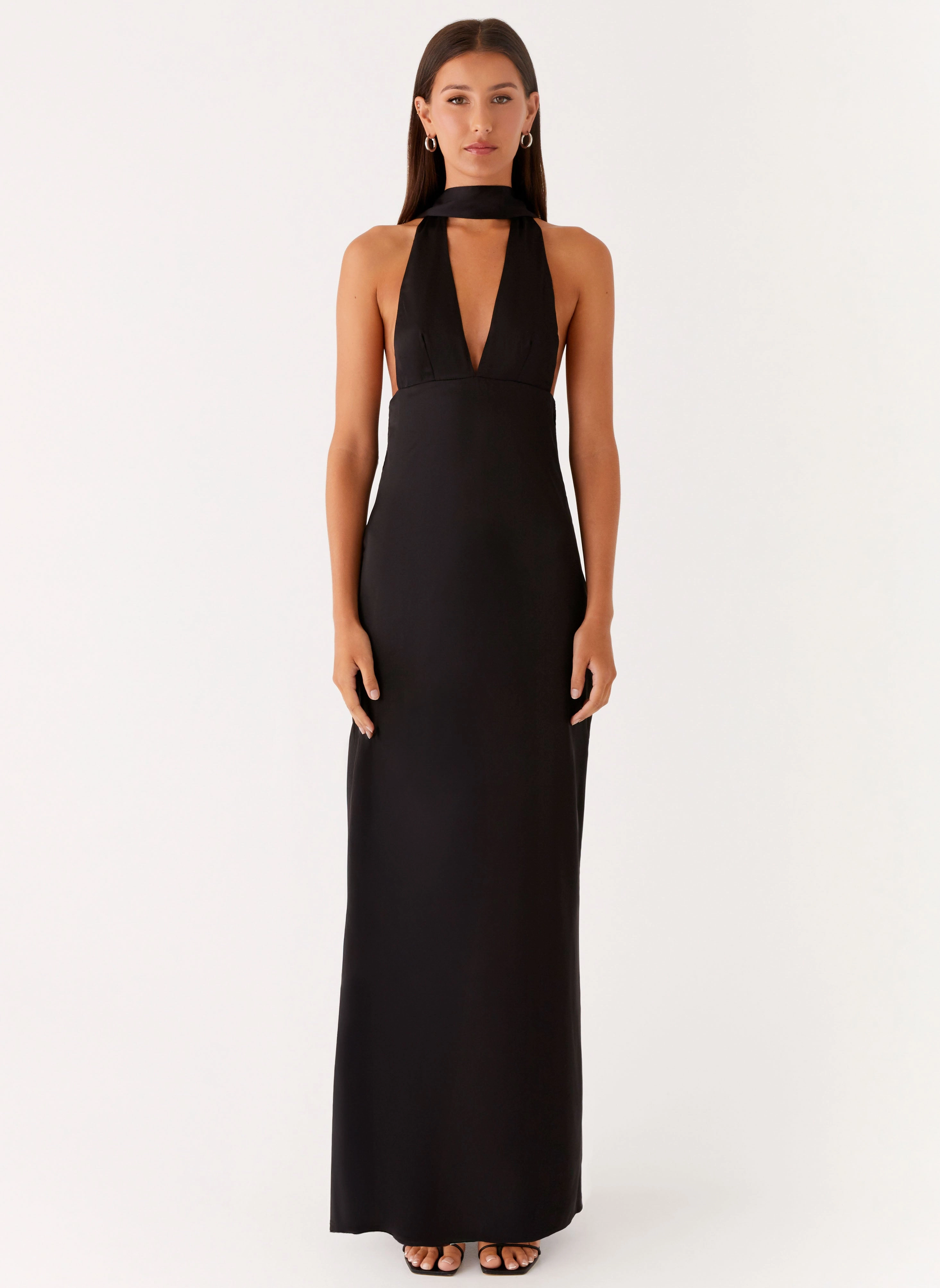 Alicia Satin Halter Maxi Dress - Black Raglan-Sleeve