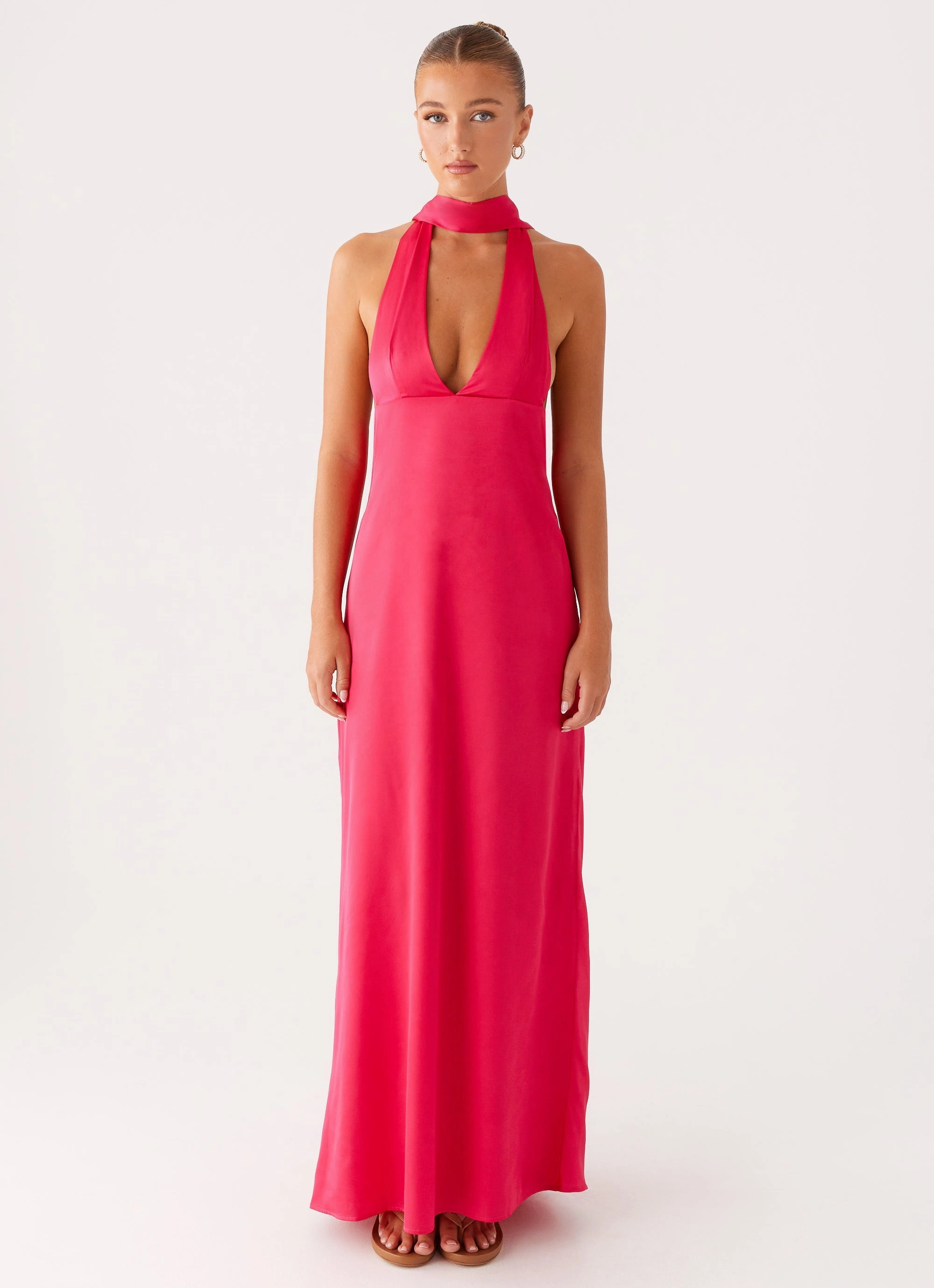Comfy Yet Stylish Alicia Satin Halter Maxi Dress - Fuchsia