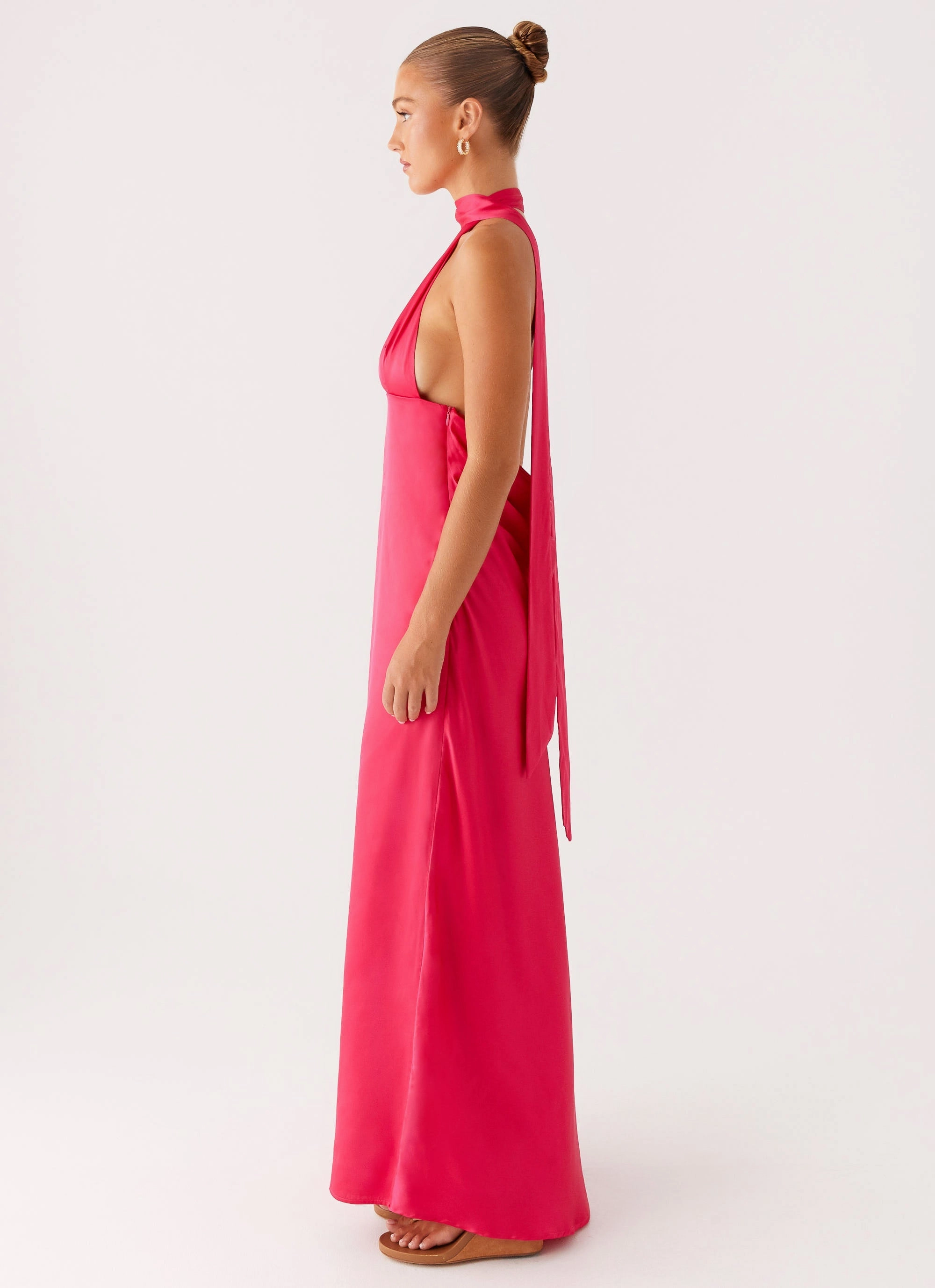 Textured Surface Soft Glide Alicia Satin Halter Maxi Dress - Fuchsia