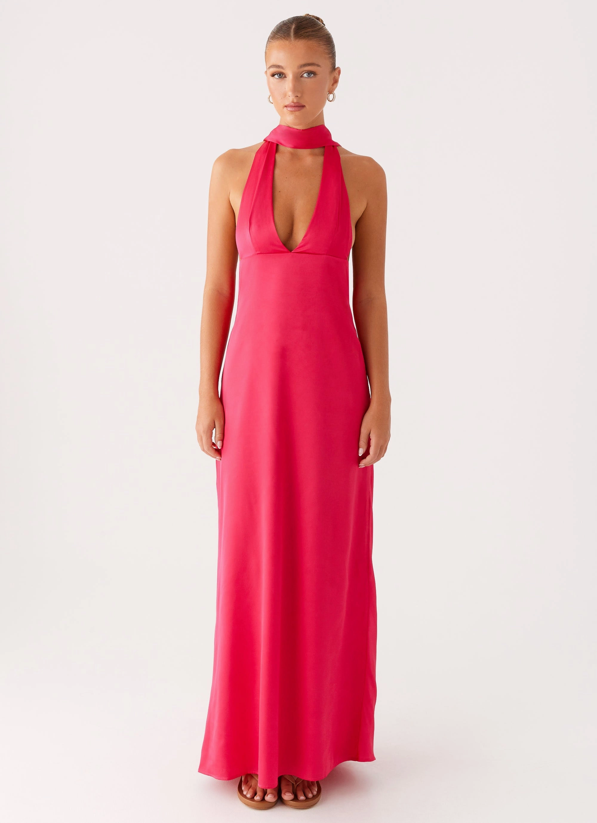Casual Silhouette Pop Texture Alicia Satin Halter Maxi Dress - Fuchsia