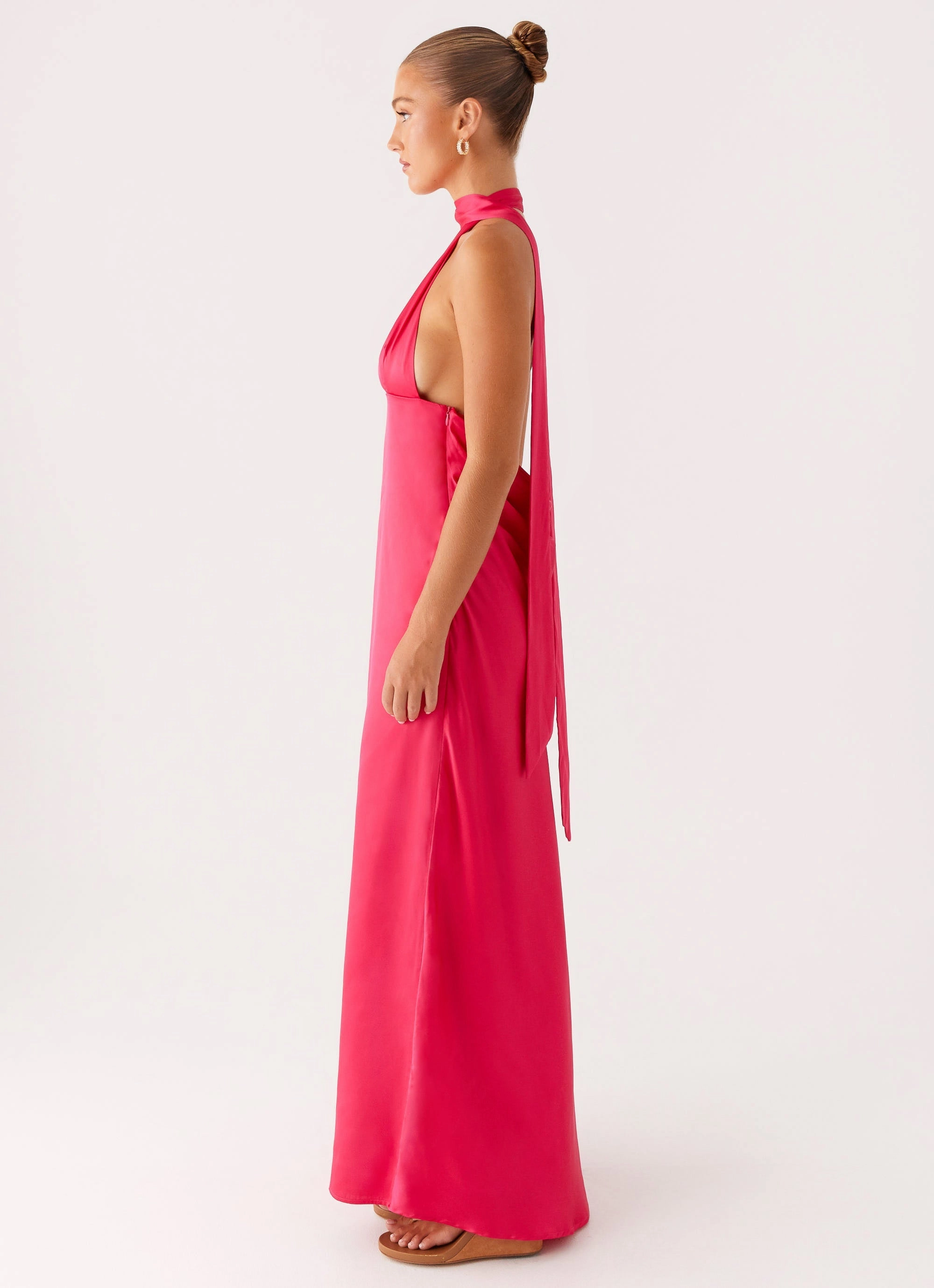 Alicia Satin Halter Maxi Dress - Fuchsia Spring Flow Interchangeable-Detail