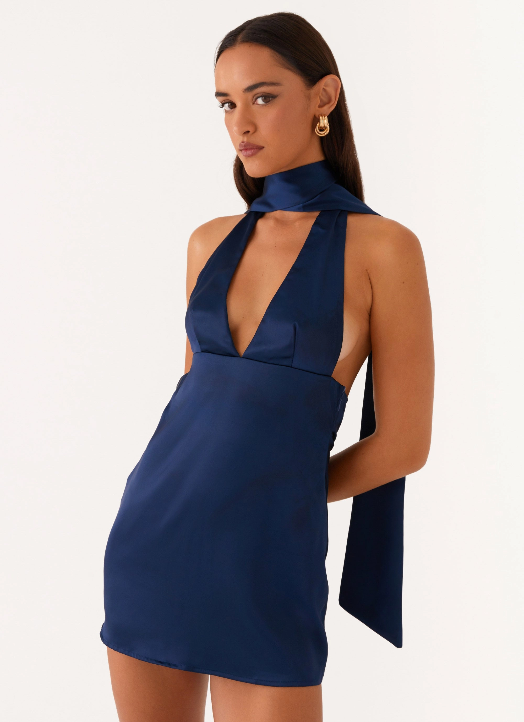 Alicia Satin Halter Mini Dress - Navy Slip Resistant Waist Sporty Casual