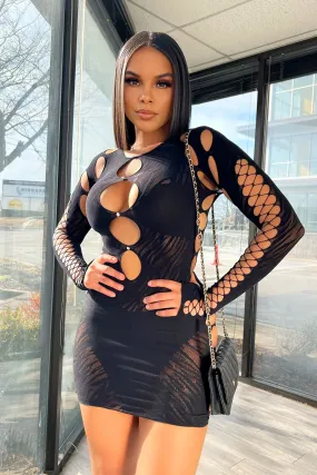 Alix Hallow Out Long Sleeve Cutout Mini Dress ContrastStitching