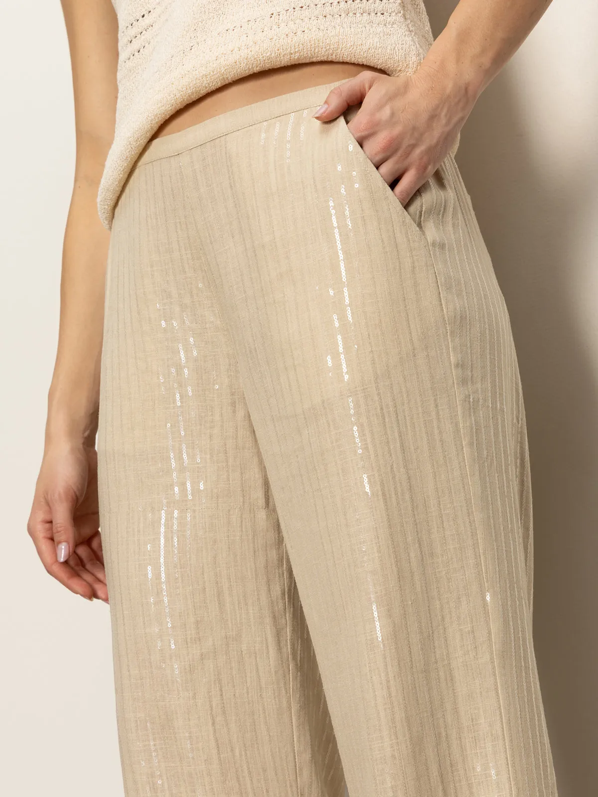 Comfy Stretch Coastal Semi-High Rise Pant Sand Sequin Stripe