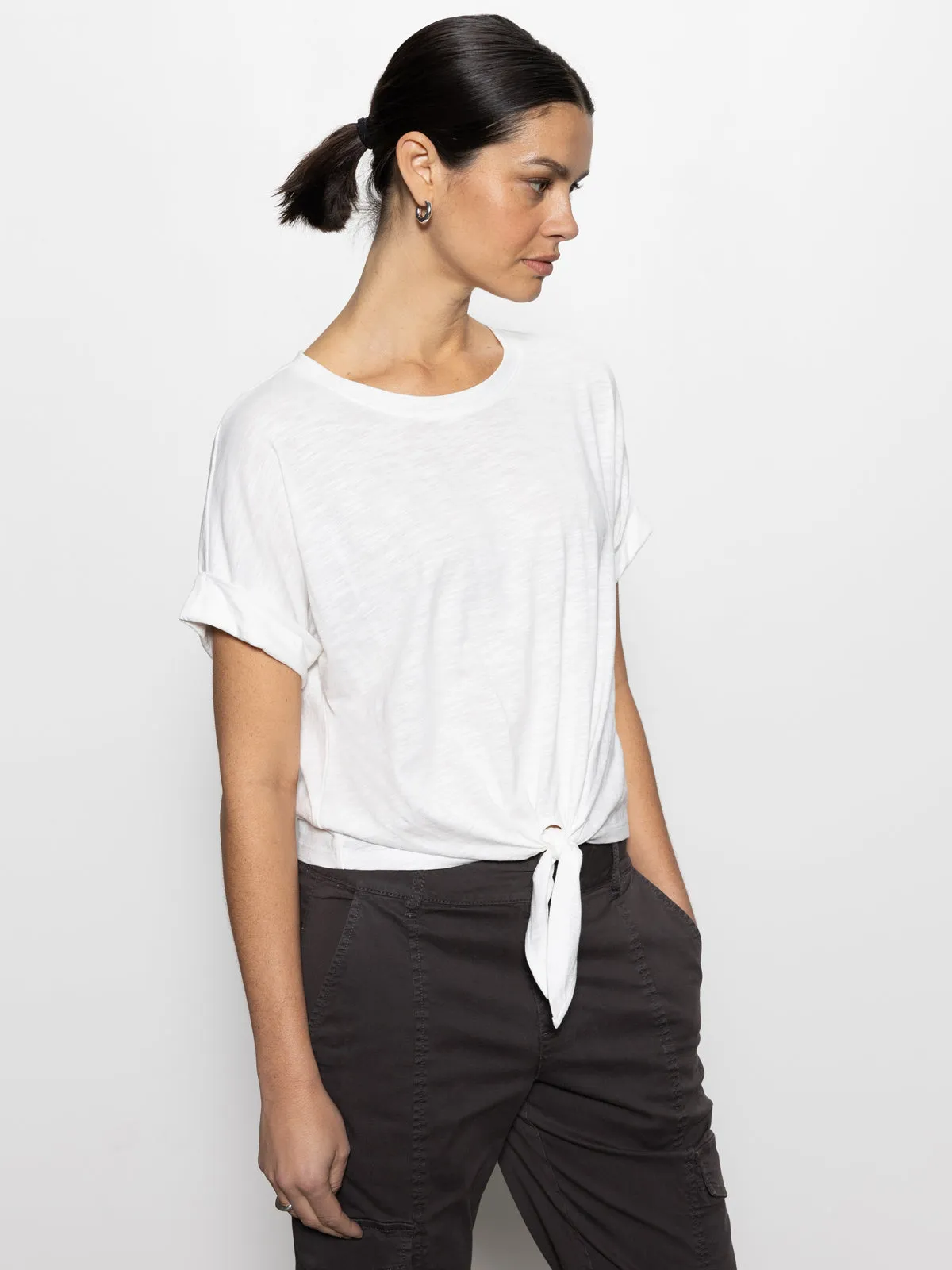 All Day Tie Tee White Weighted Hem Design Versatile Layering Piece