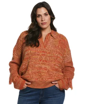 Casual Fit Plus Size Fringe Trim Polo Sweater