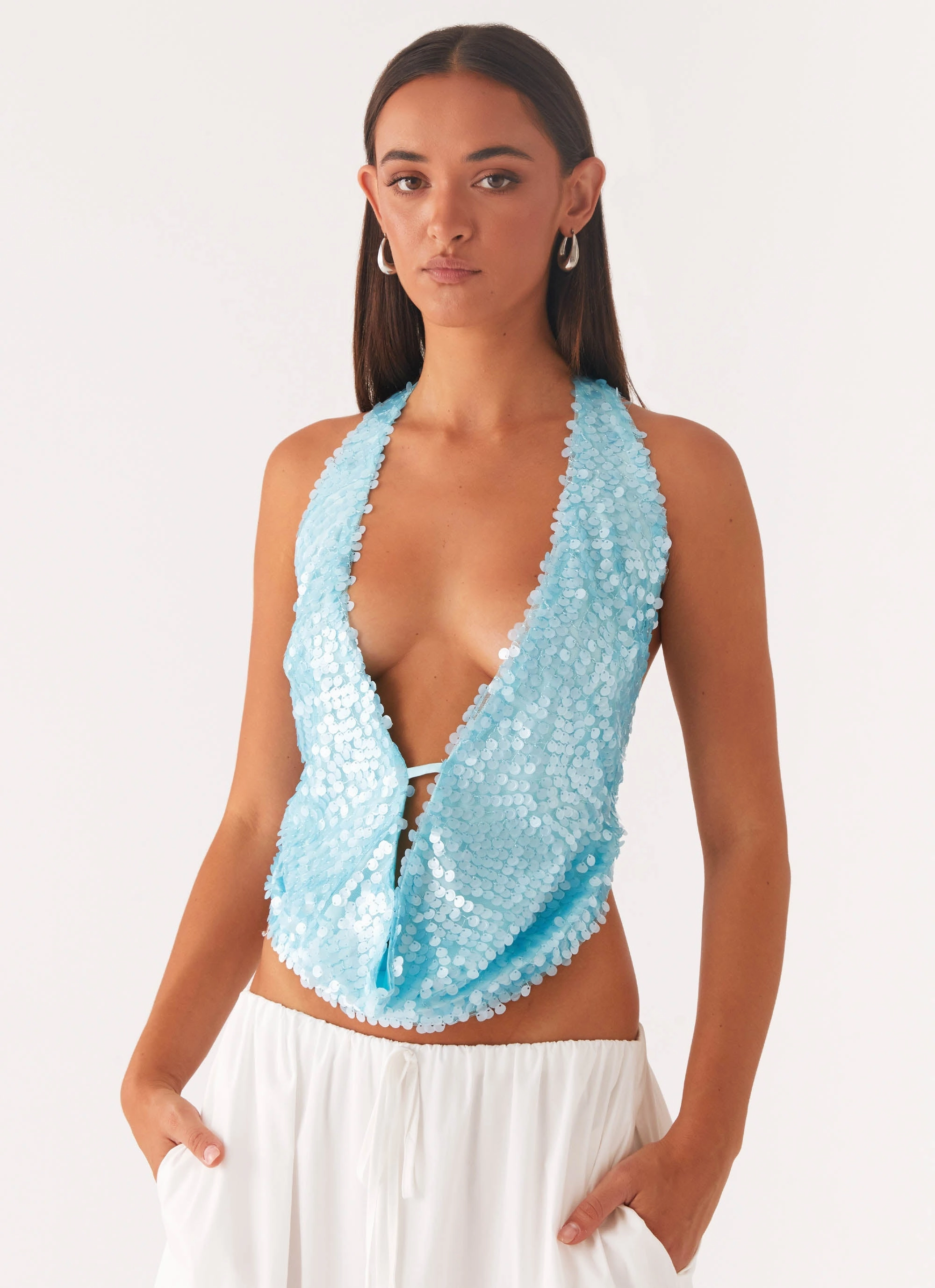 Rio Dreams Cowl Neck Halter Top - Turquoise HiddenZipper