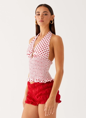 ReinforcedShoulders Ventilated Panel Design Kamren Halter Top - White Red Polka Dot