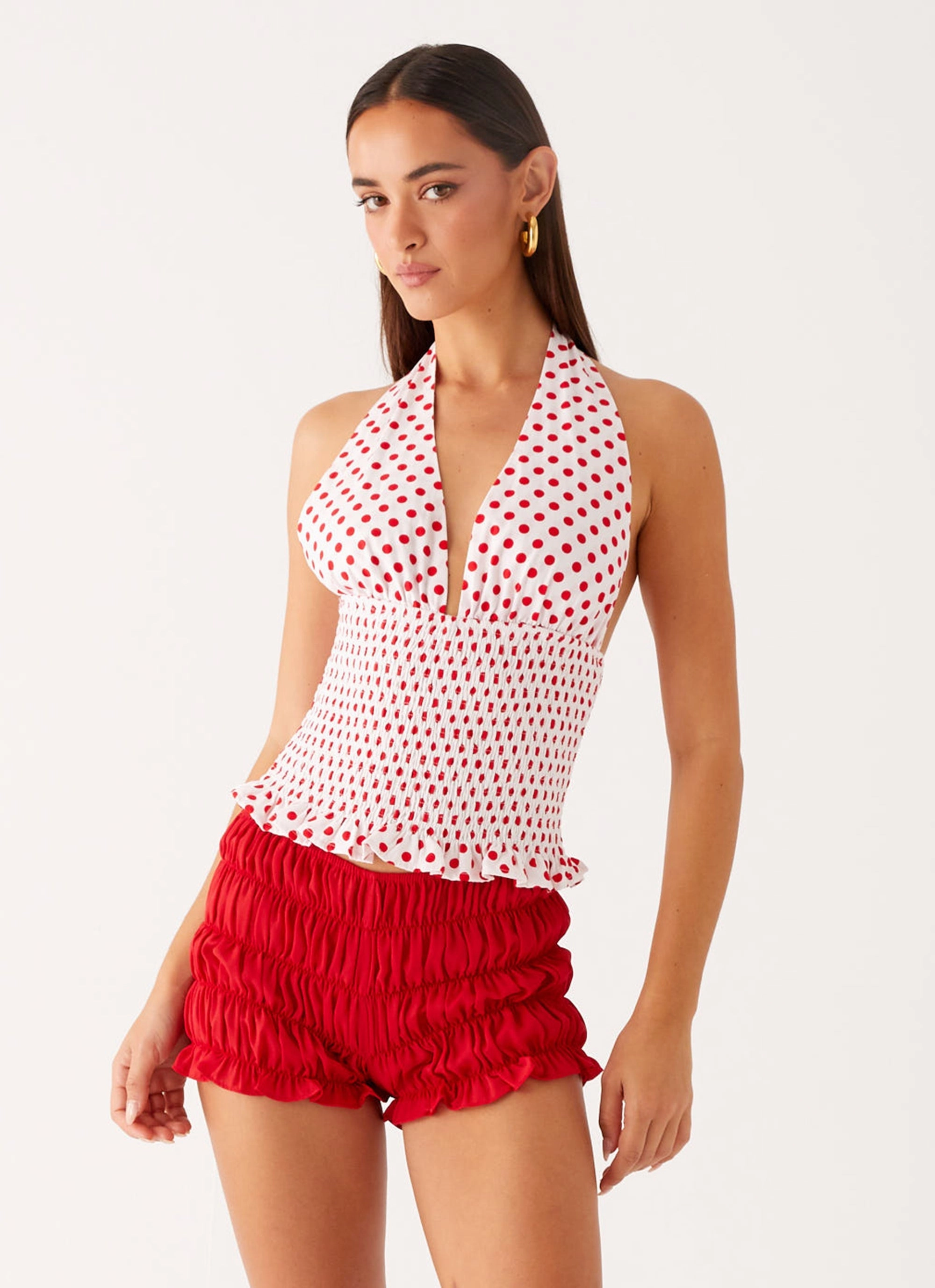 RelaxedFit Printed top Kamren Halter Top - White Red Polka Dot