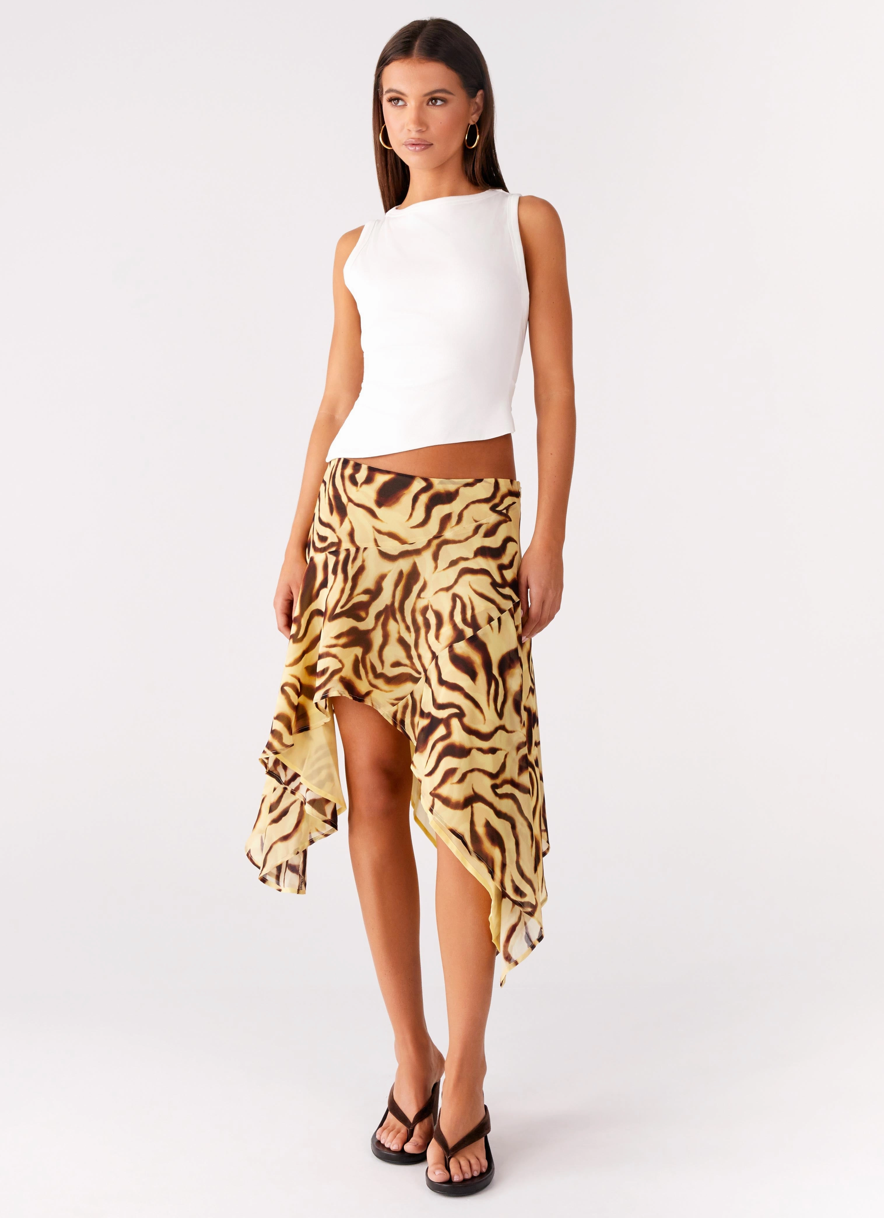 Kia Low Rise Asymmetrical Midi Skirt - Laguna Print Everyday Comfort Wear Core Style