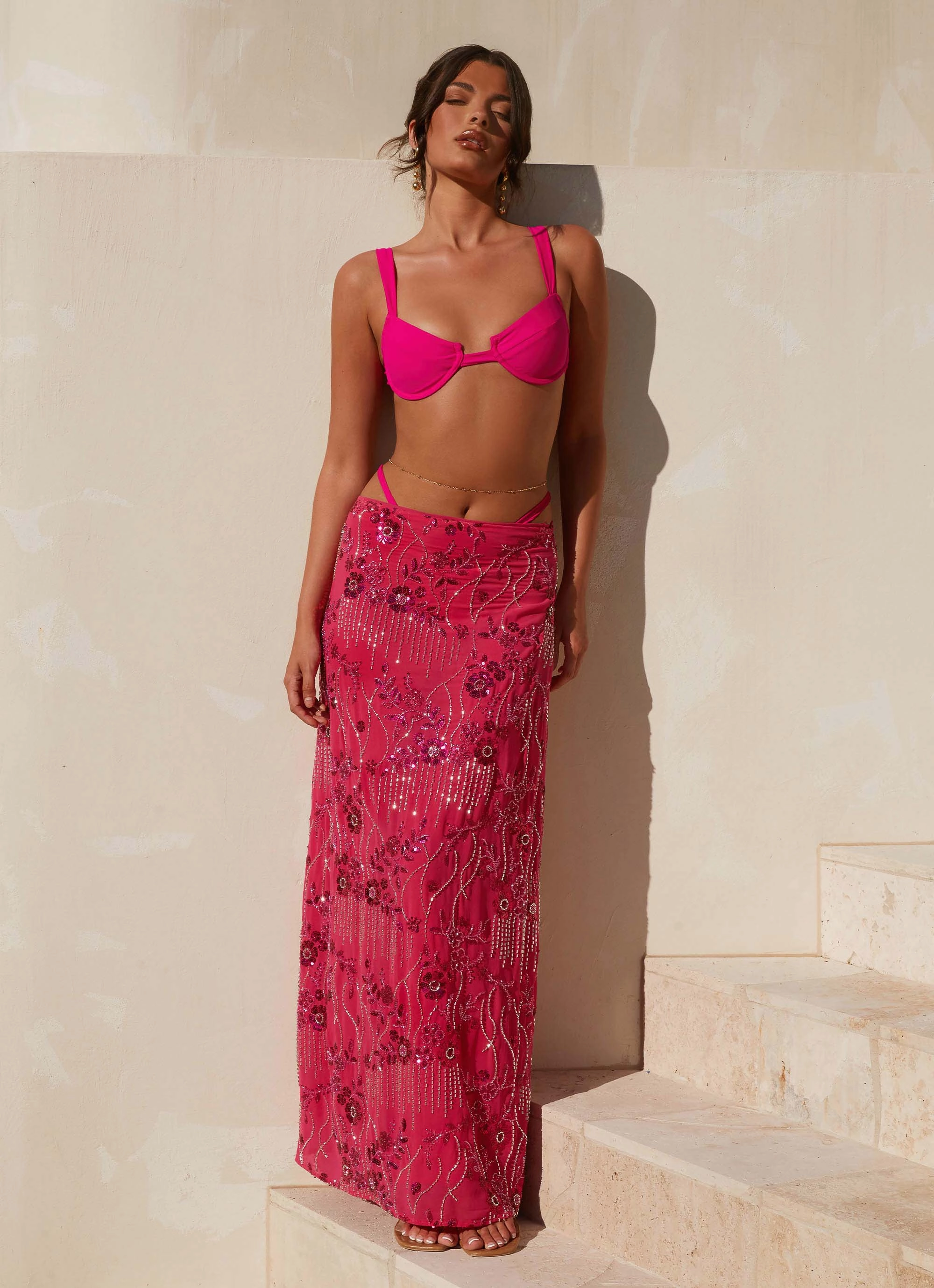 Corinna Low Rise Sequin Maxi Skirt - Fuchsia Fashion Mood Subtle Details