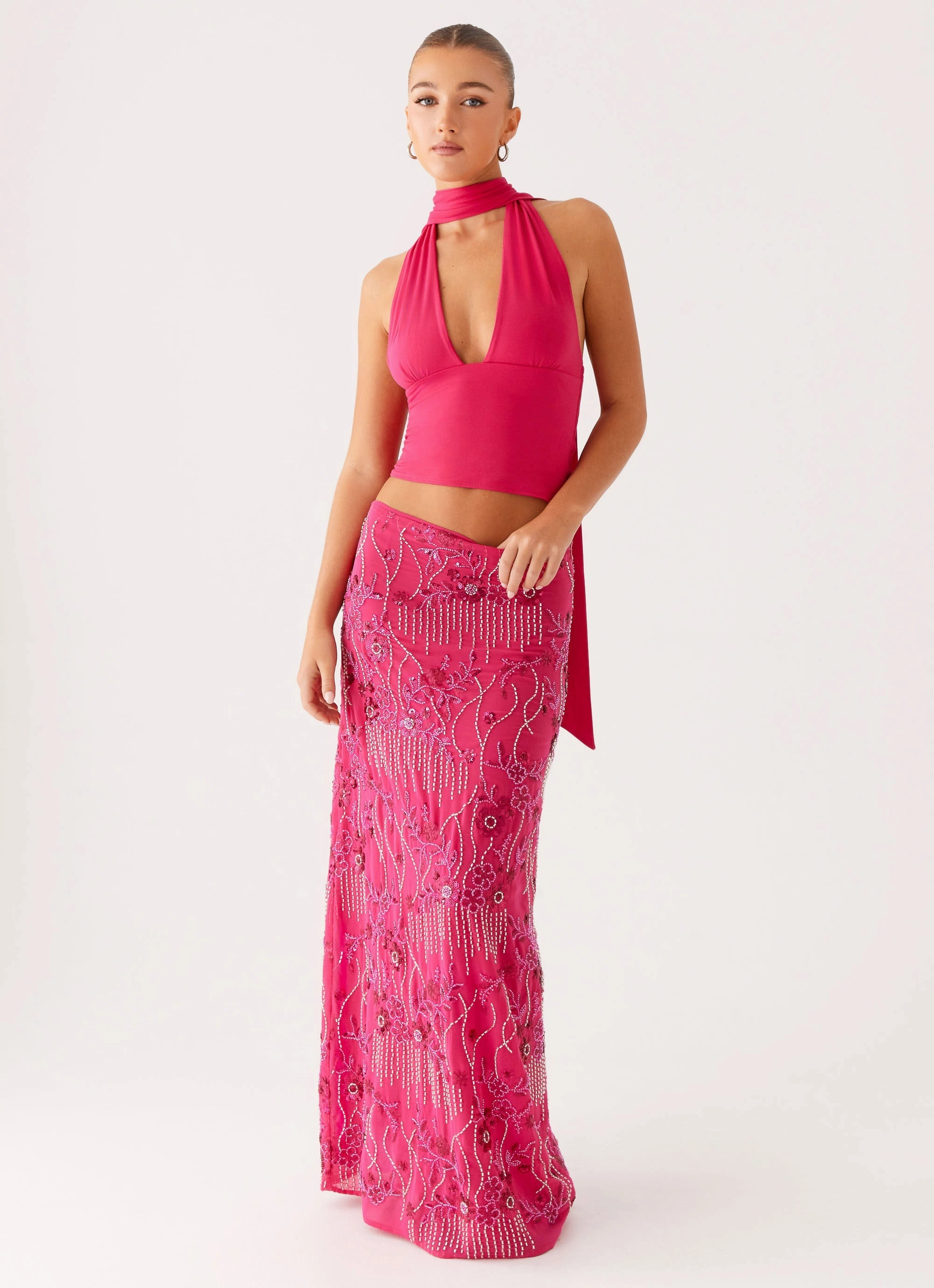 Urban Fit Corinna Low Rise Sequin Maxi Skirt - Fuchsia