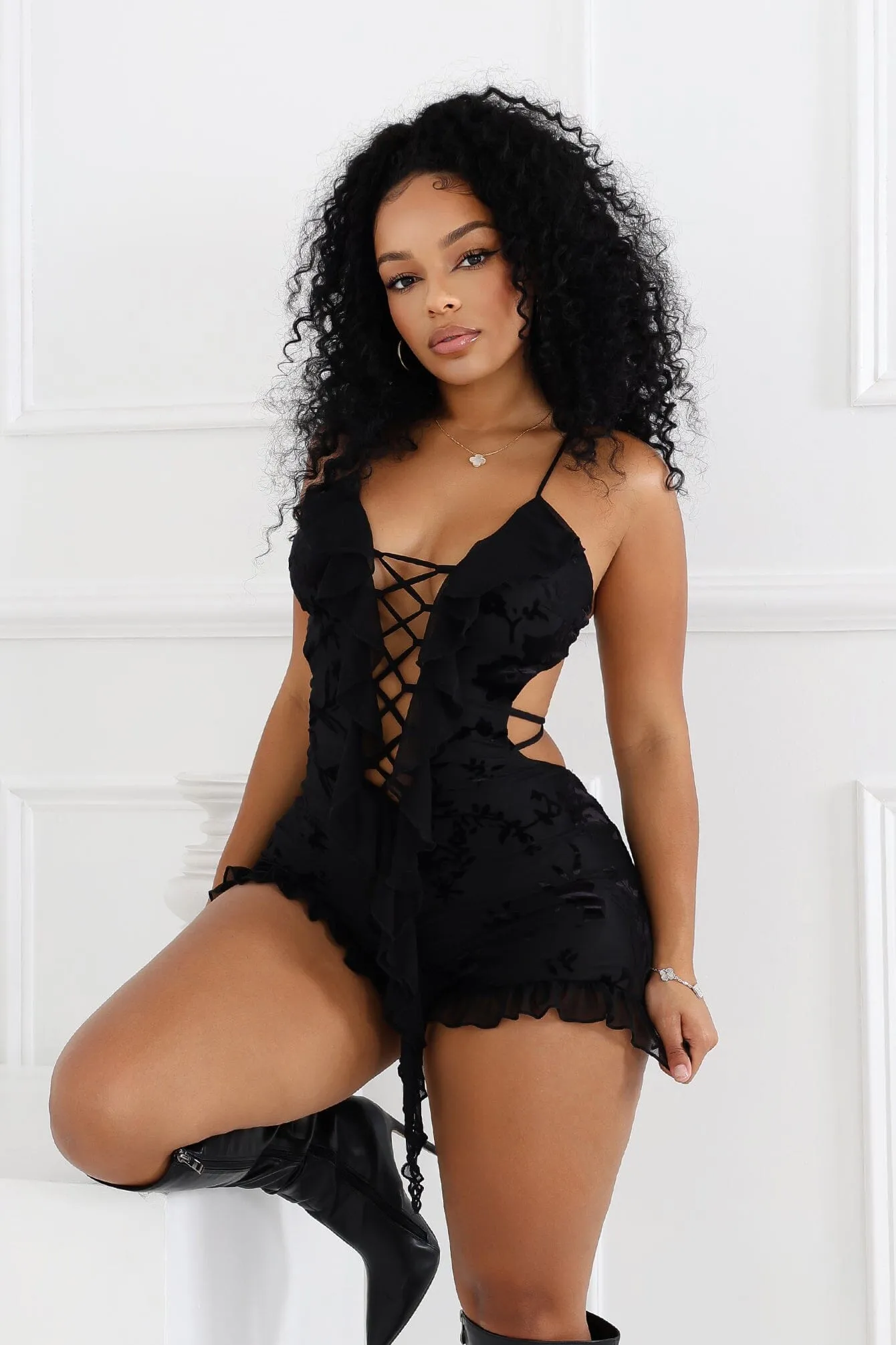 Millie Velvet Burnout Ruffle Romper Water Repellent Coating