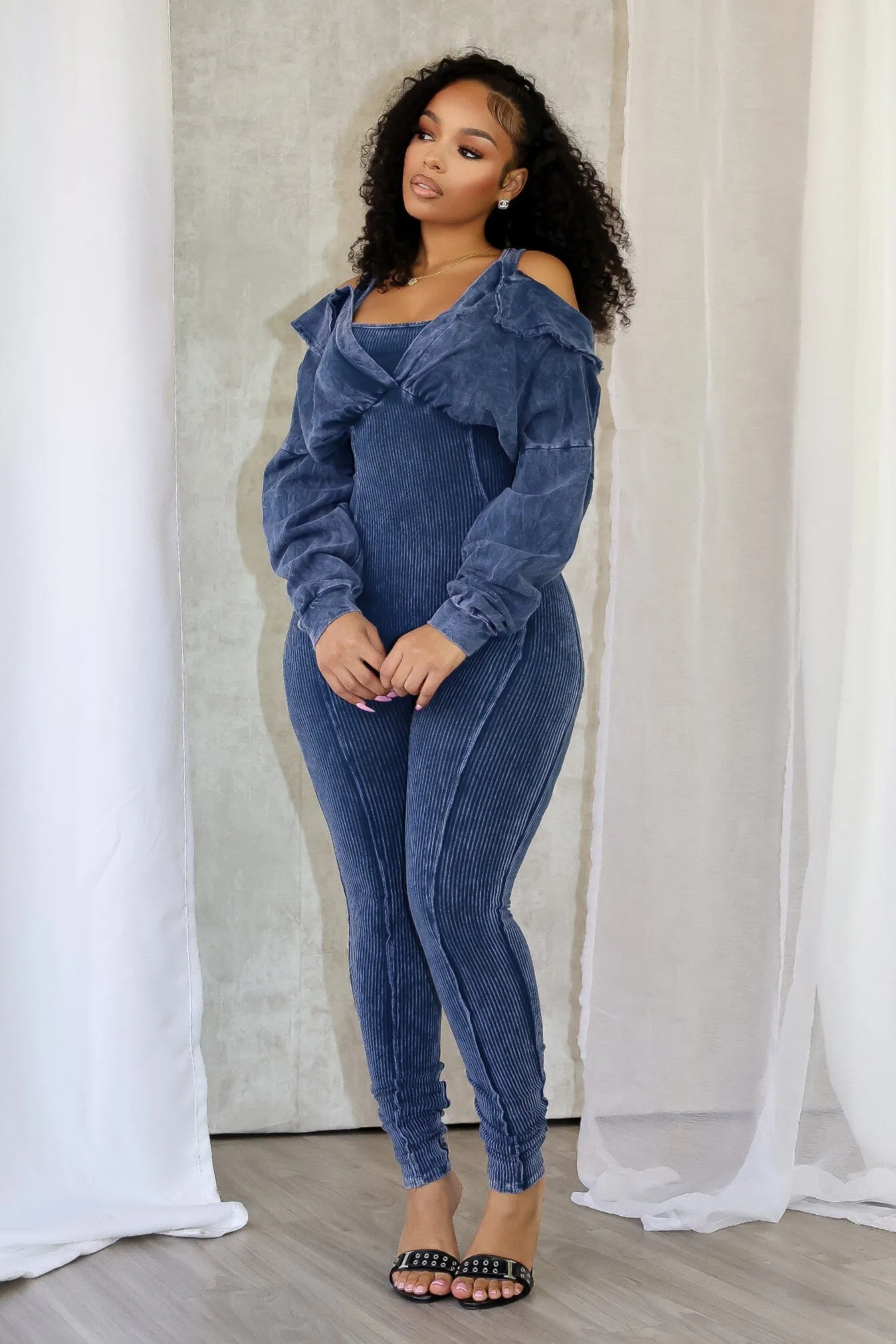 Elastic Cuff Feminine Cut Camila Mineral Washed Cold Shoulder Hoodie Jumpsuit