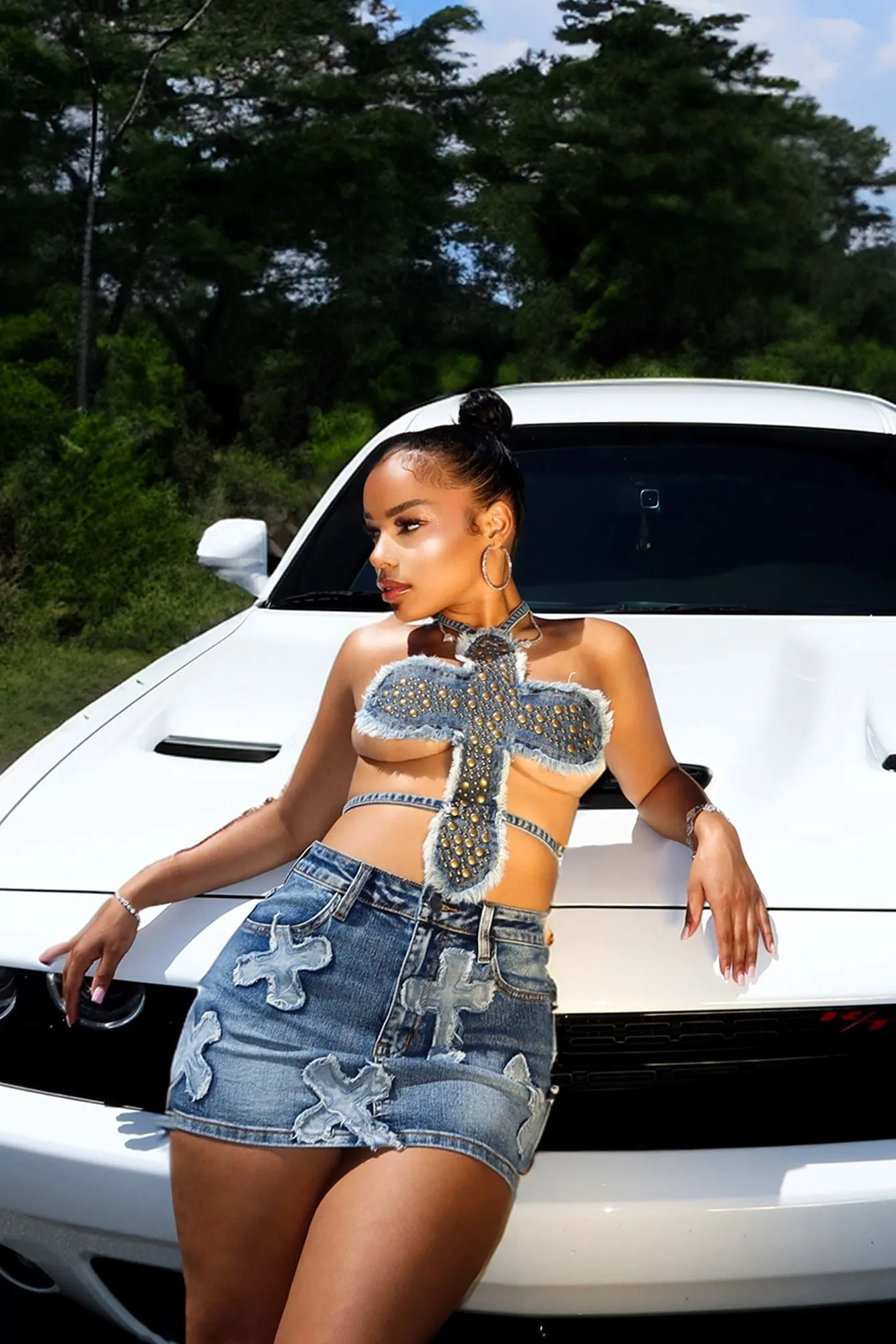 Always Be Cool Stud Halter Denim Top Work Flex