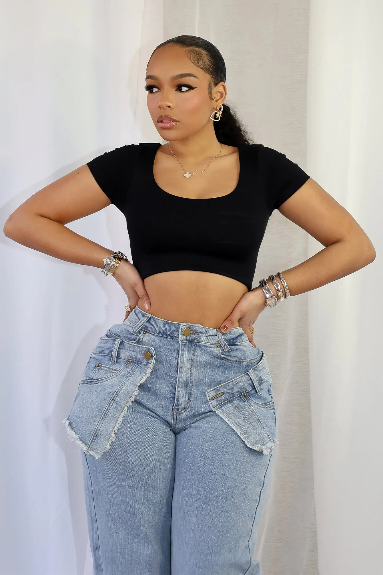 Amina Short Sleeve Double Layered Crop Top Microfiber texture