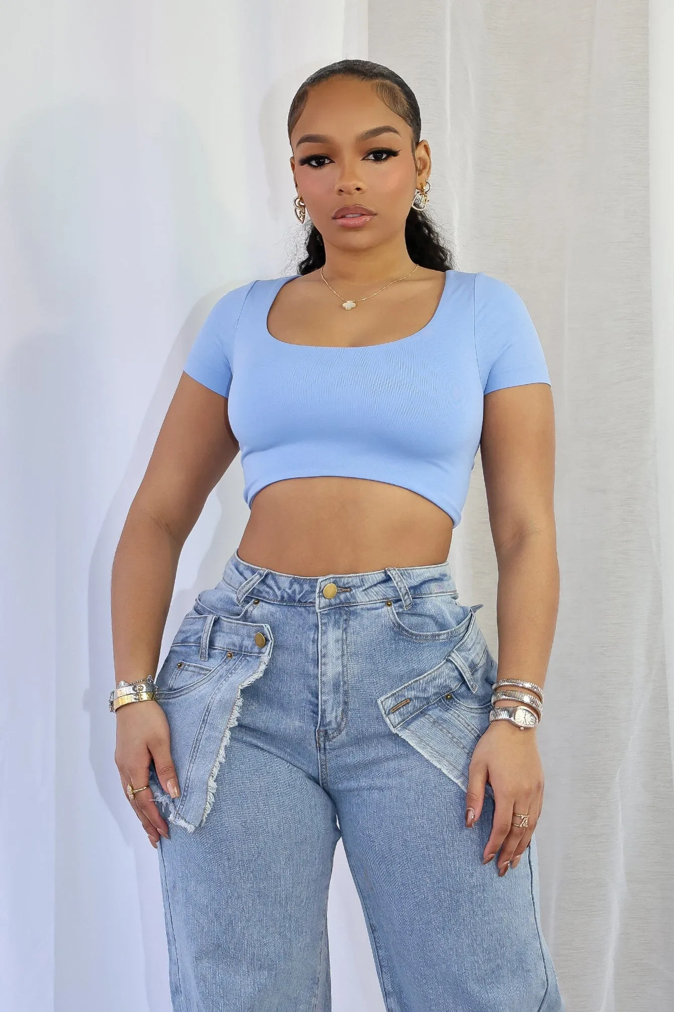 Amina Short Sleeve Double Layered Crop Top Unstructured Fit Four Way Stretch Material